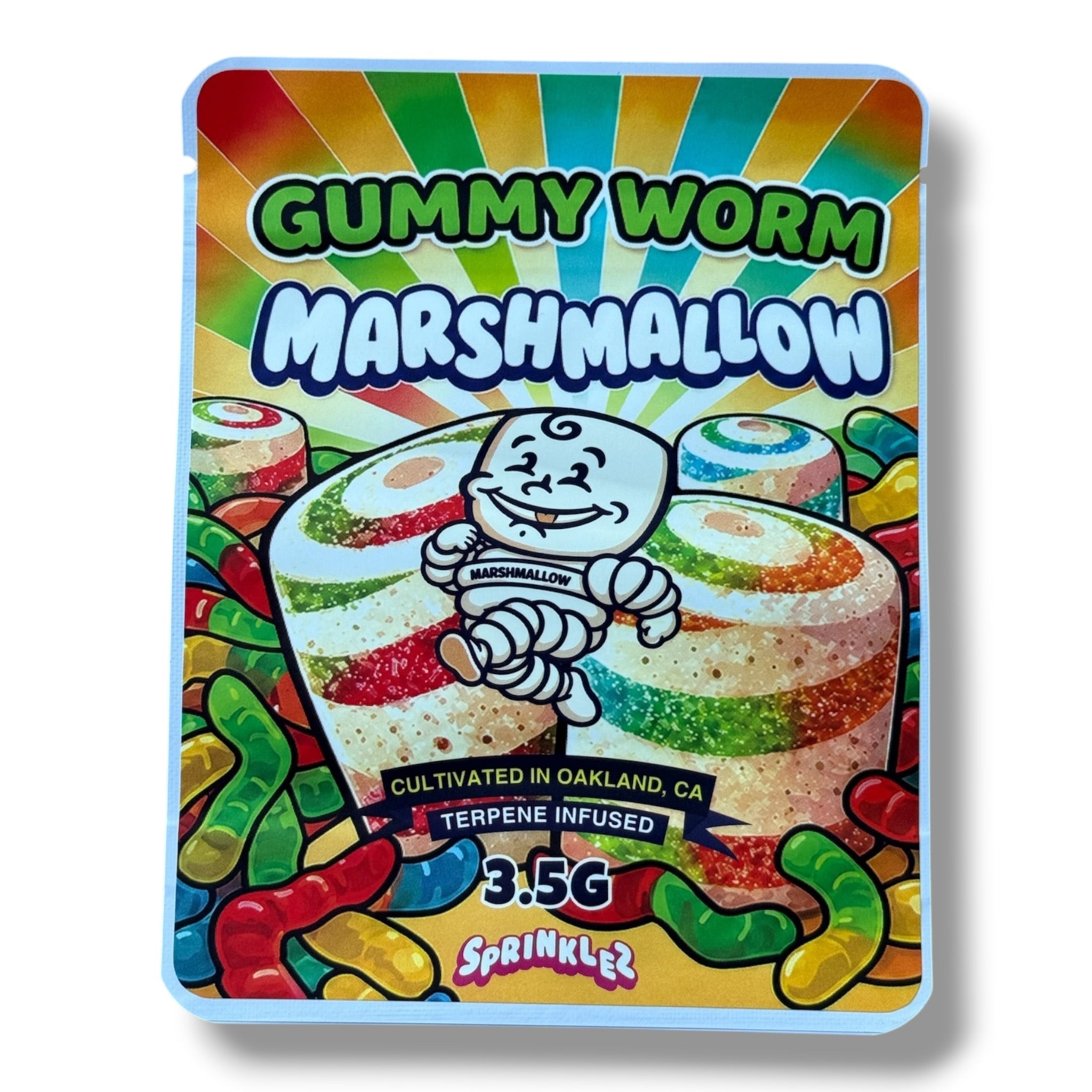Sprinklez Gummy Worm Marshmallow 3.5G Mylar sticker Bags -With stickers and label