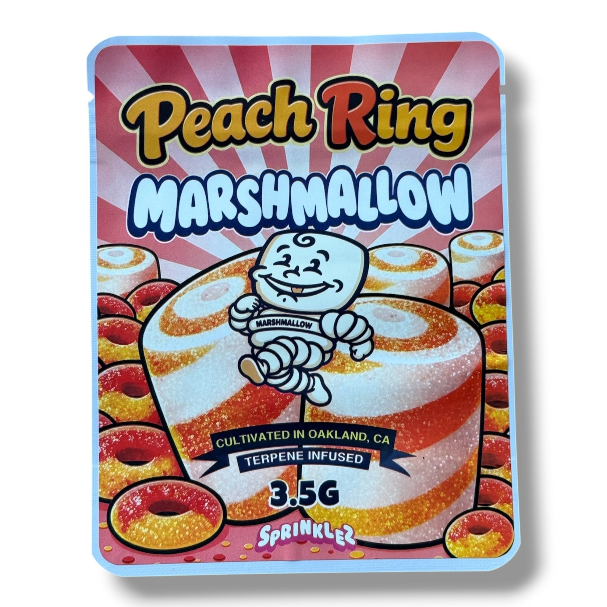 Sprinklez Peach Ring Marshmallow 3.5G Mylar sticker Bags -With stickers and label