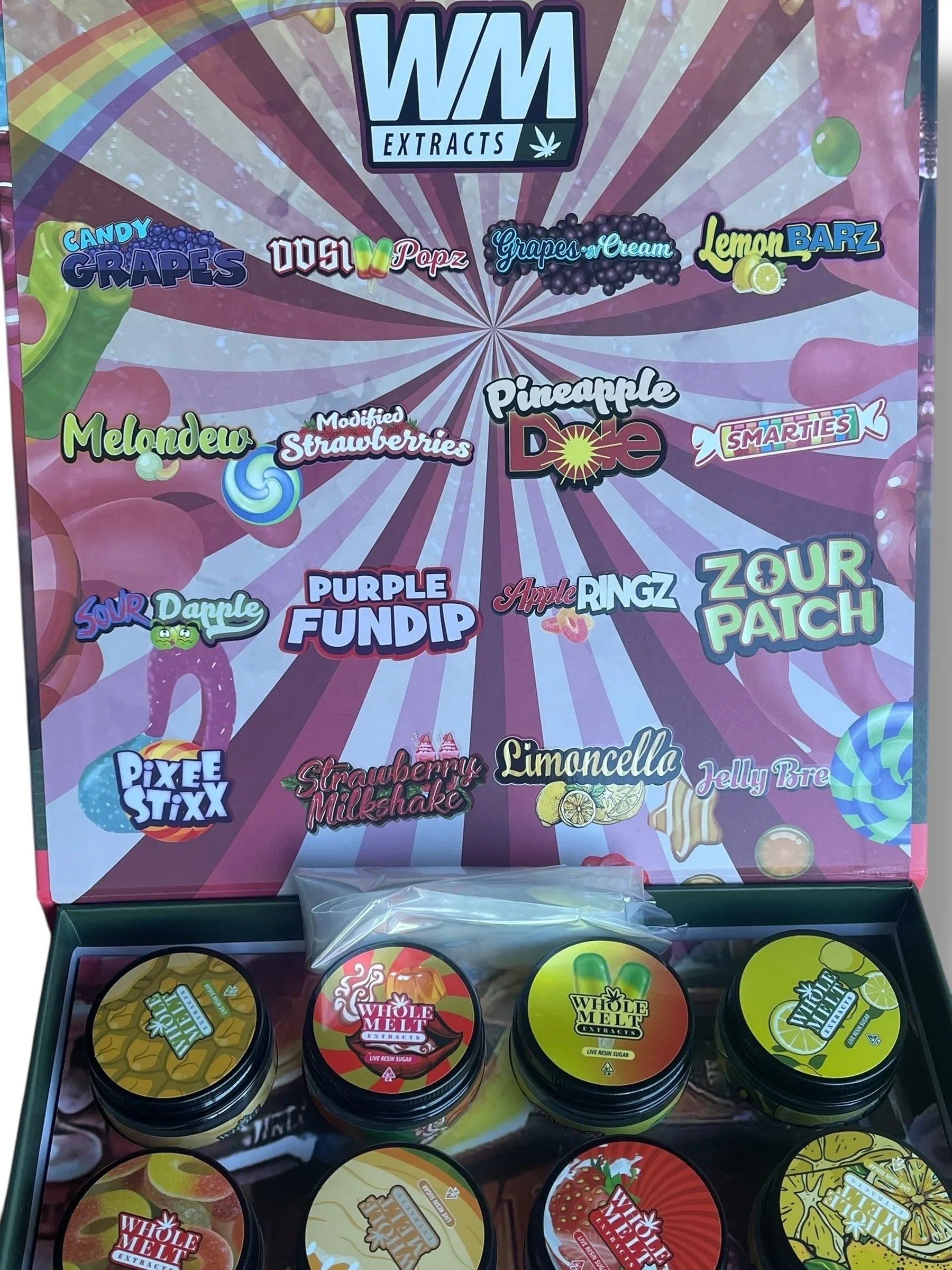 Whole Melt Candy Edition 1oz Glass Jars - Varity Pack 16 Strains in box Empty Jars 