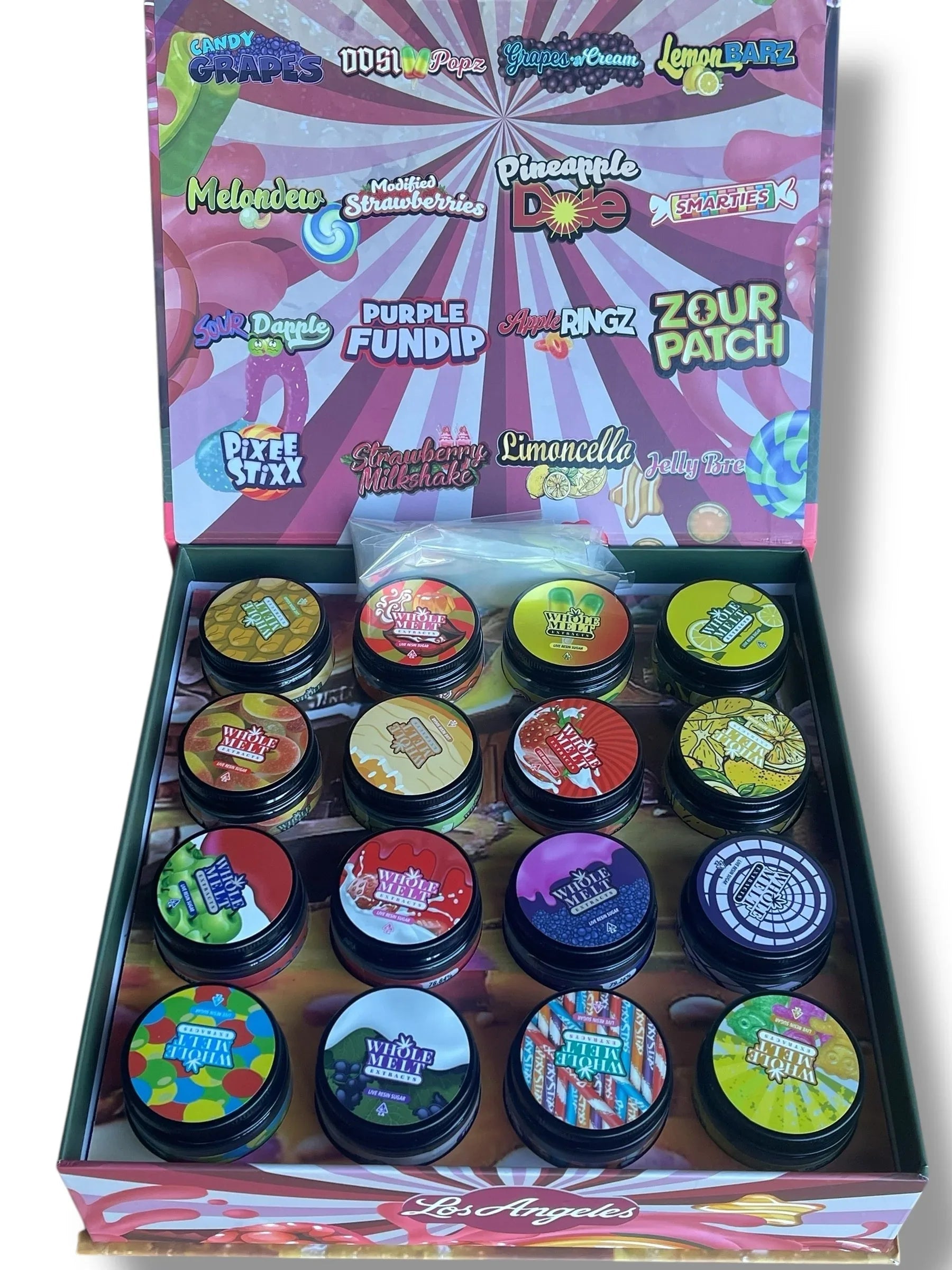 Whole Melt Candy Edition 1oz Glass Jars - Varity Pack 16 Strains in box Empty Jars 
