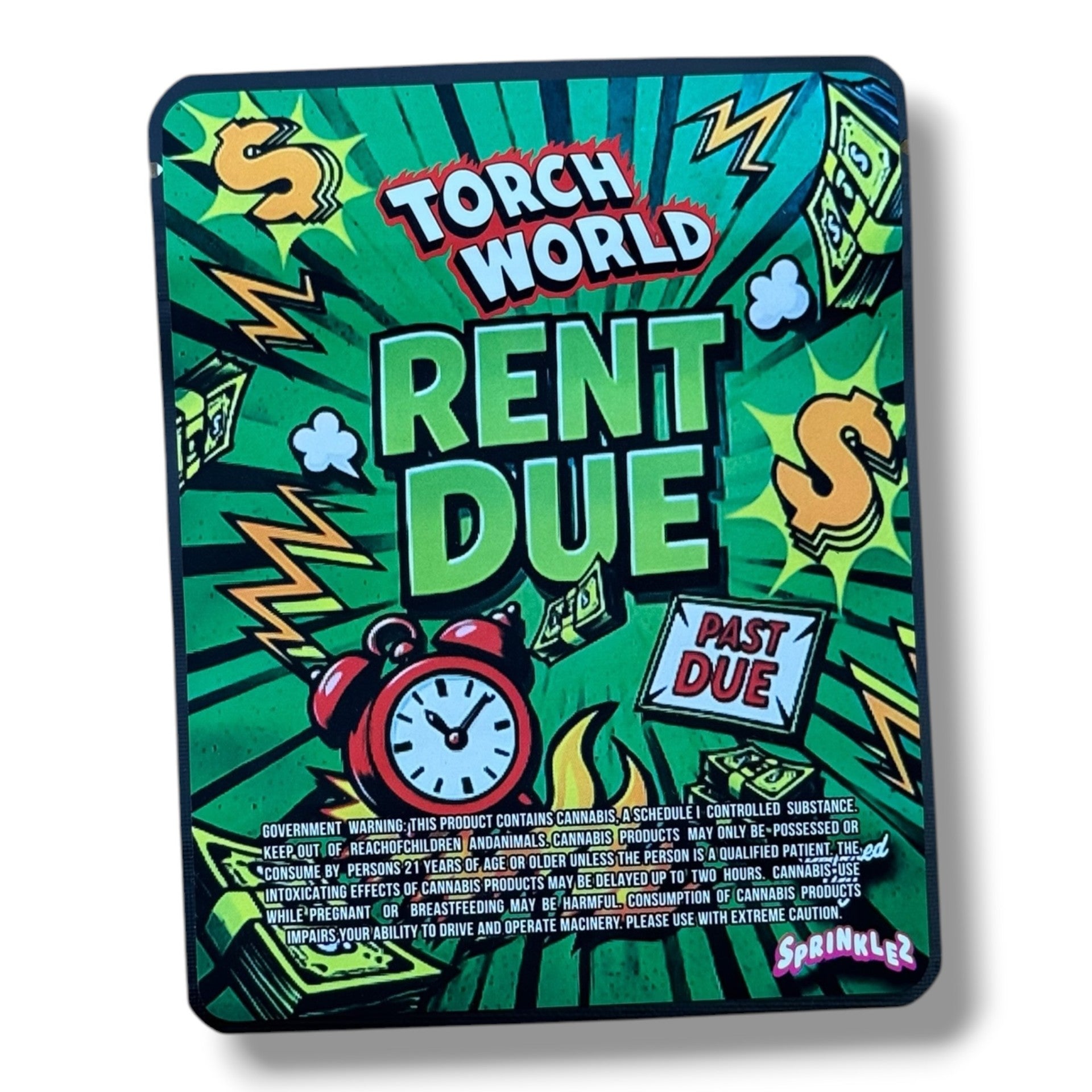 Sprinklez Torch World Rent Due 3.5G Mylar sticker Bags -With stickers and label