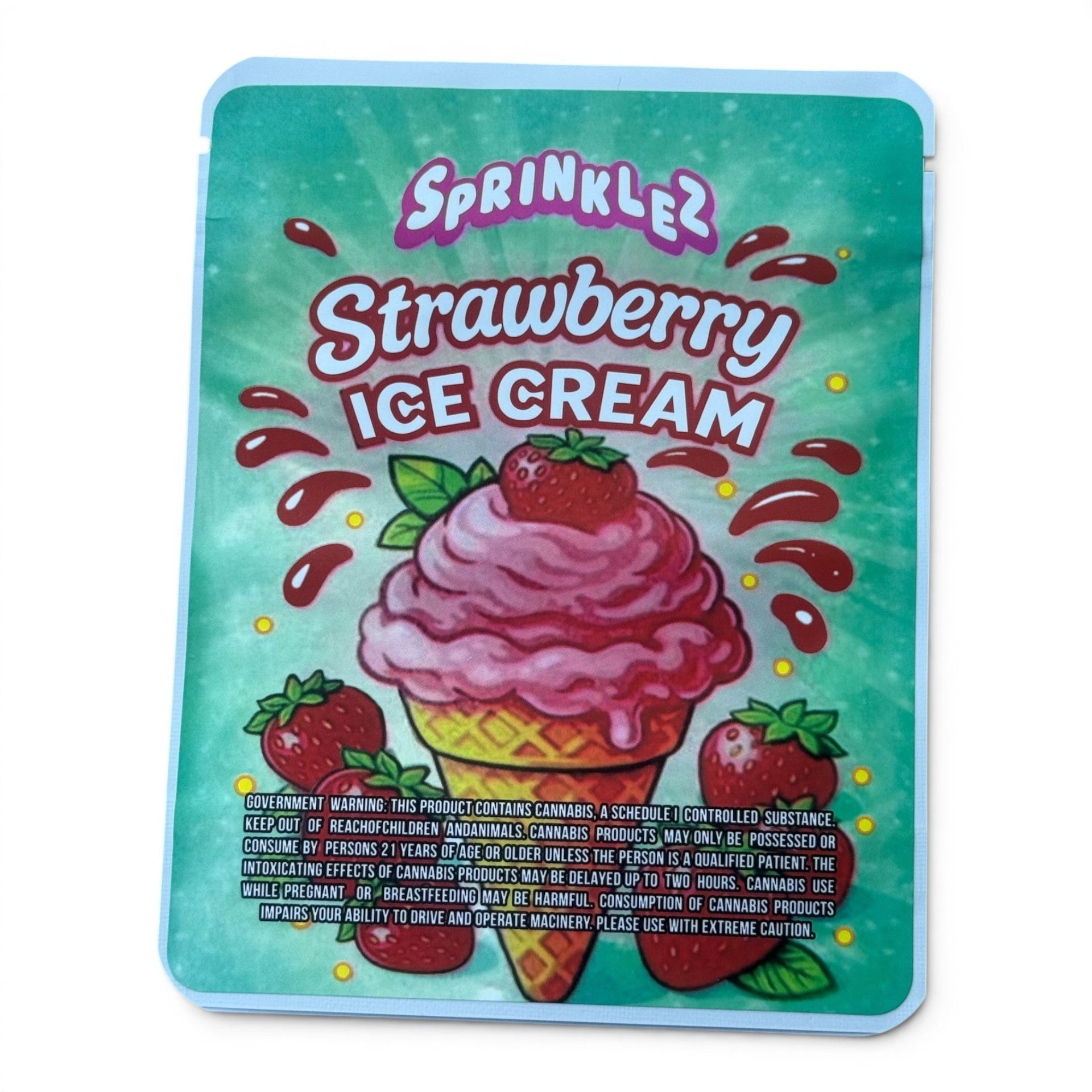 Sprinklez Strawberry Ice Cream 3.5G Mylar sticker Bags -With stickers and label