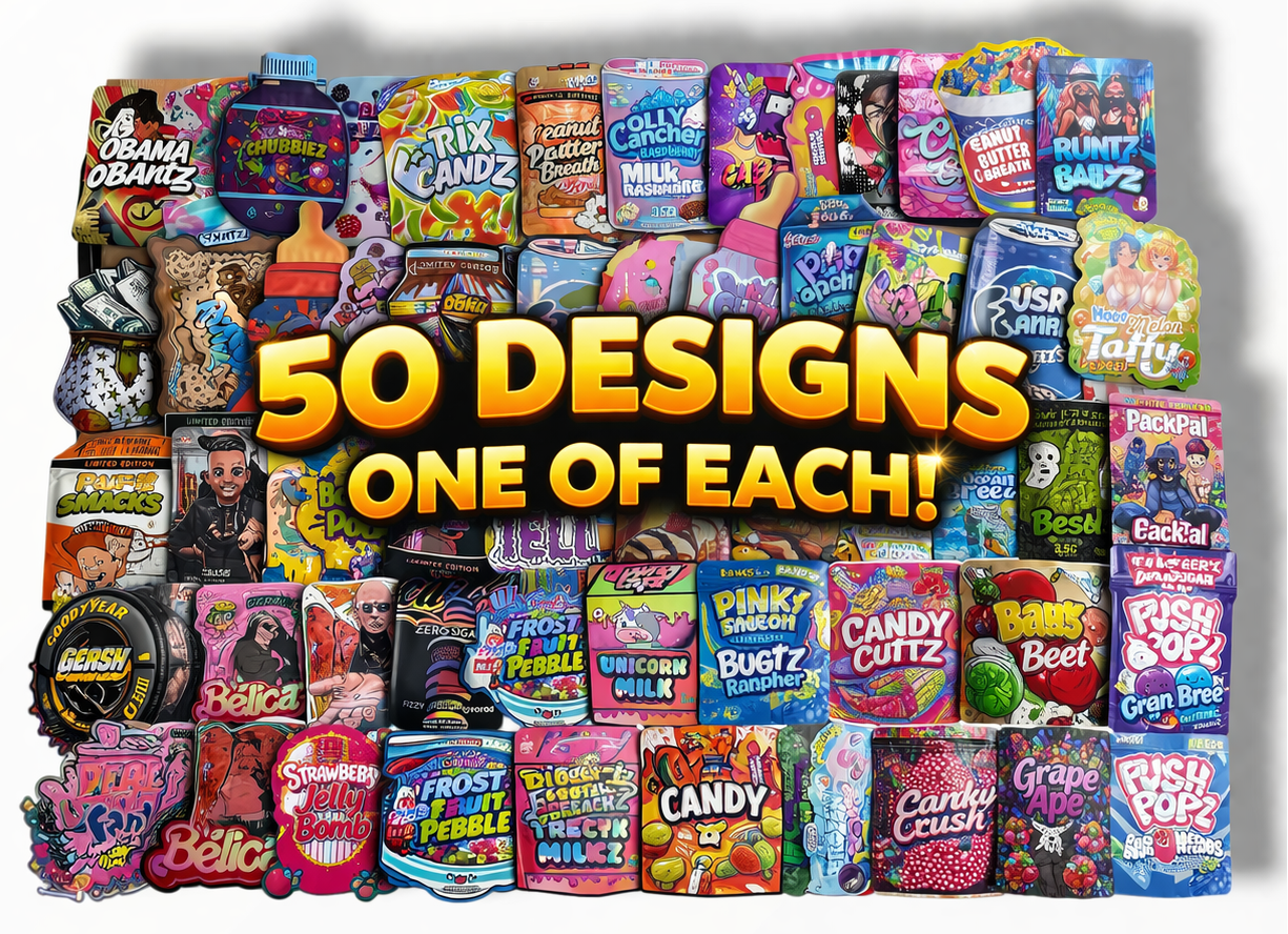Assorted candy packages with text '50 Designs One of Each' on a white background