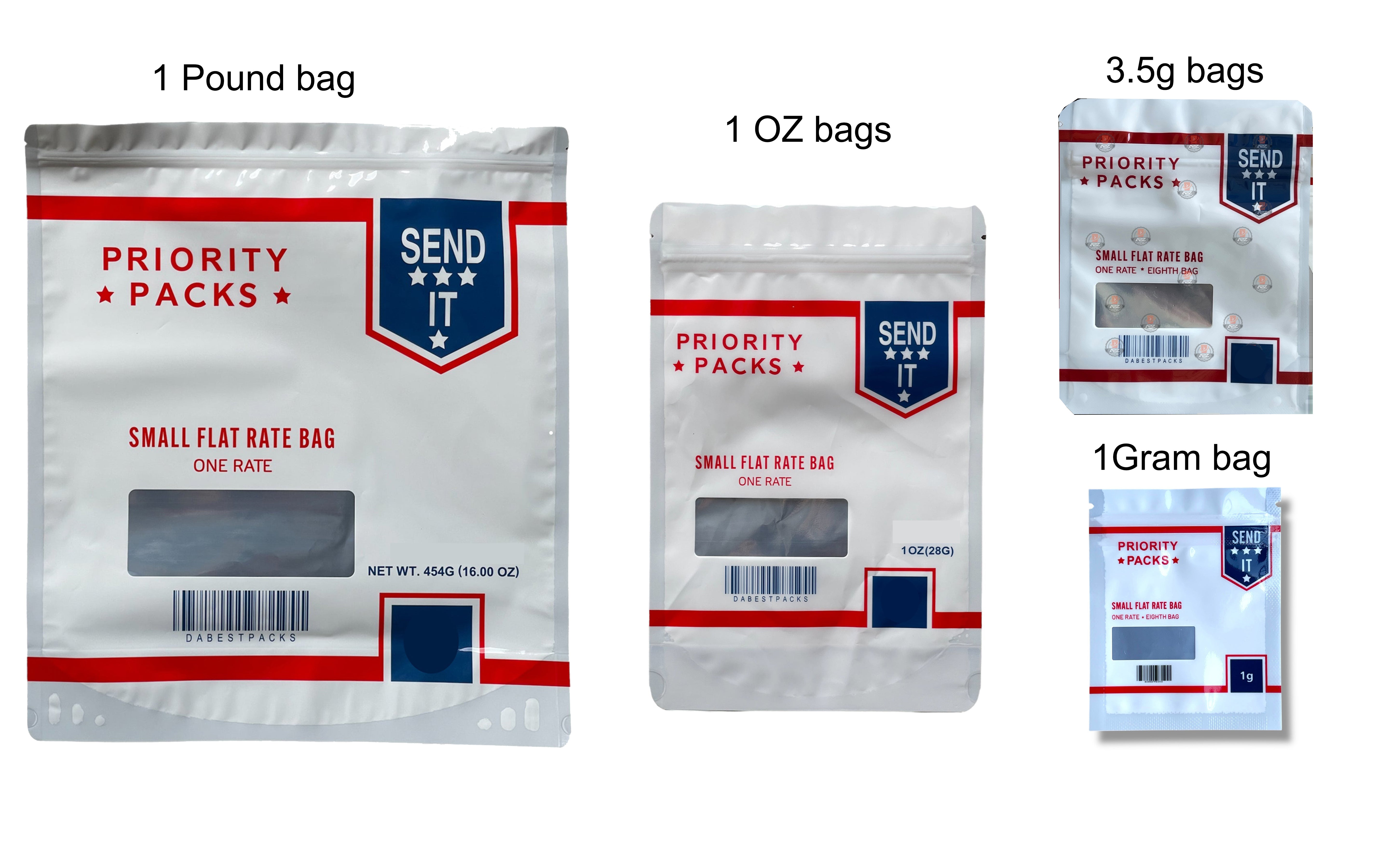 Priority Packs Combo Mylar Bags 1 Pound + 50 oz + 100 3.5g + 100 1g