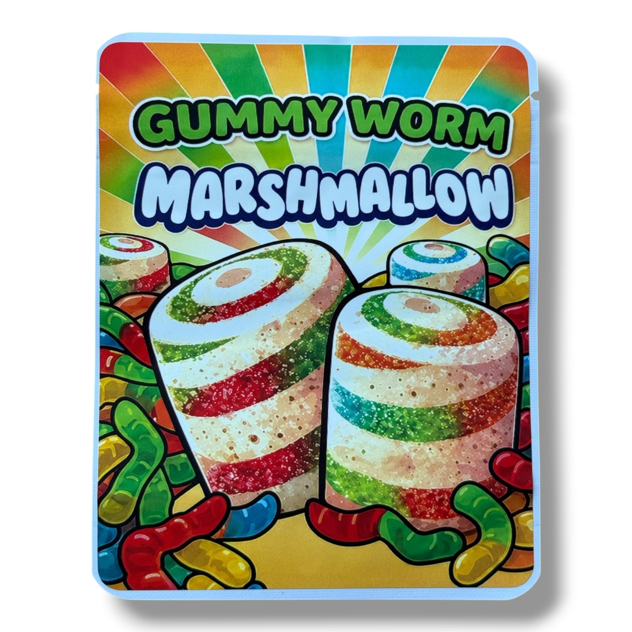 Sprinklez Gummy Worm Marshmallow 3.5G Mylar sticker Bags -With stickers and label