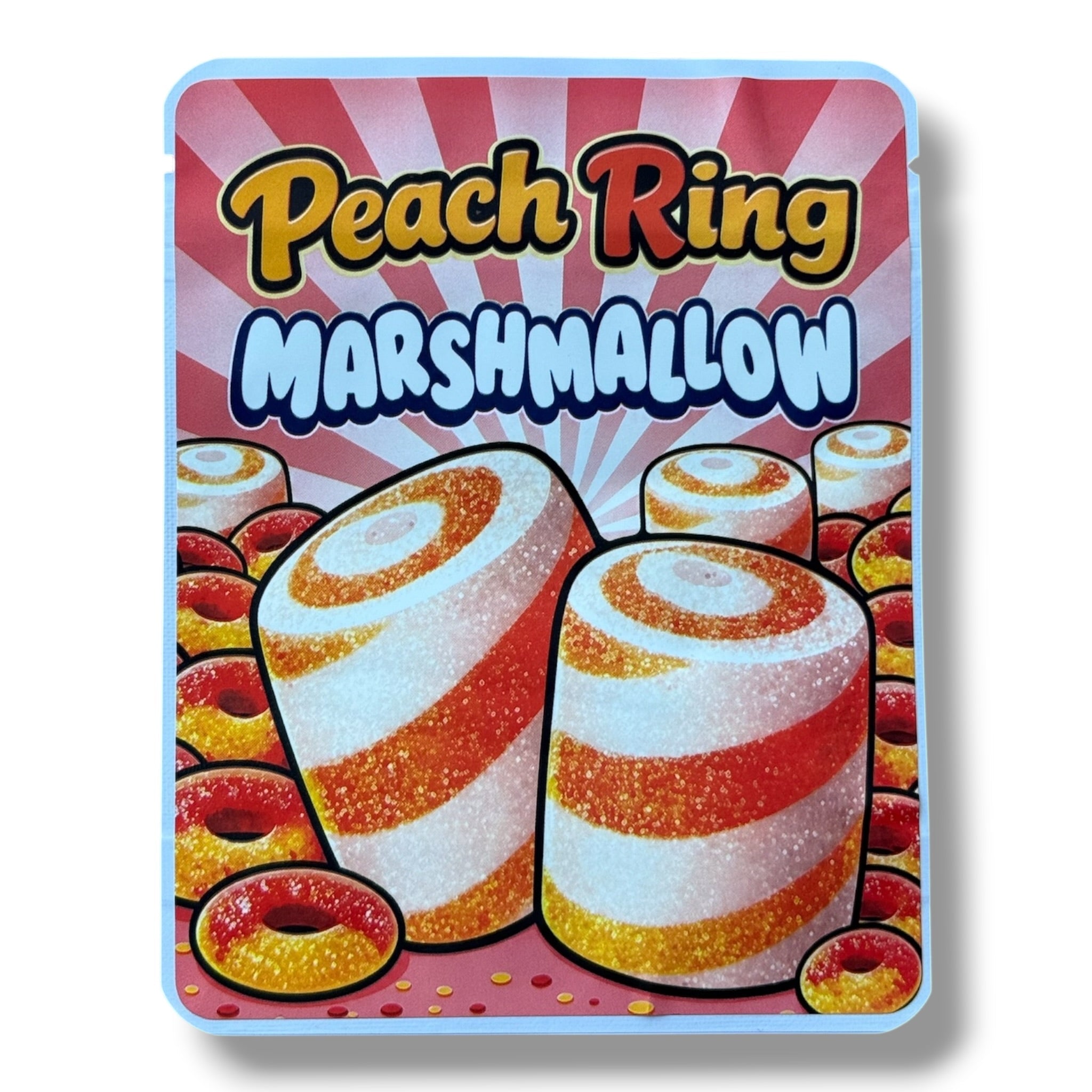 Sprinklez Peach Ring Marshmallow 3.5G Mylar sticker Bags -With stickers and label