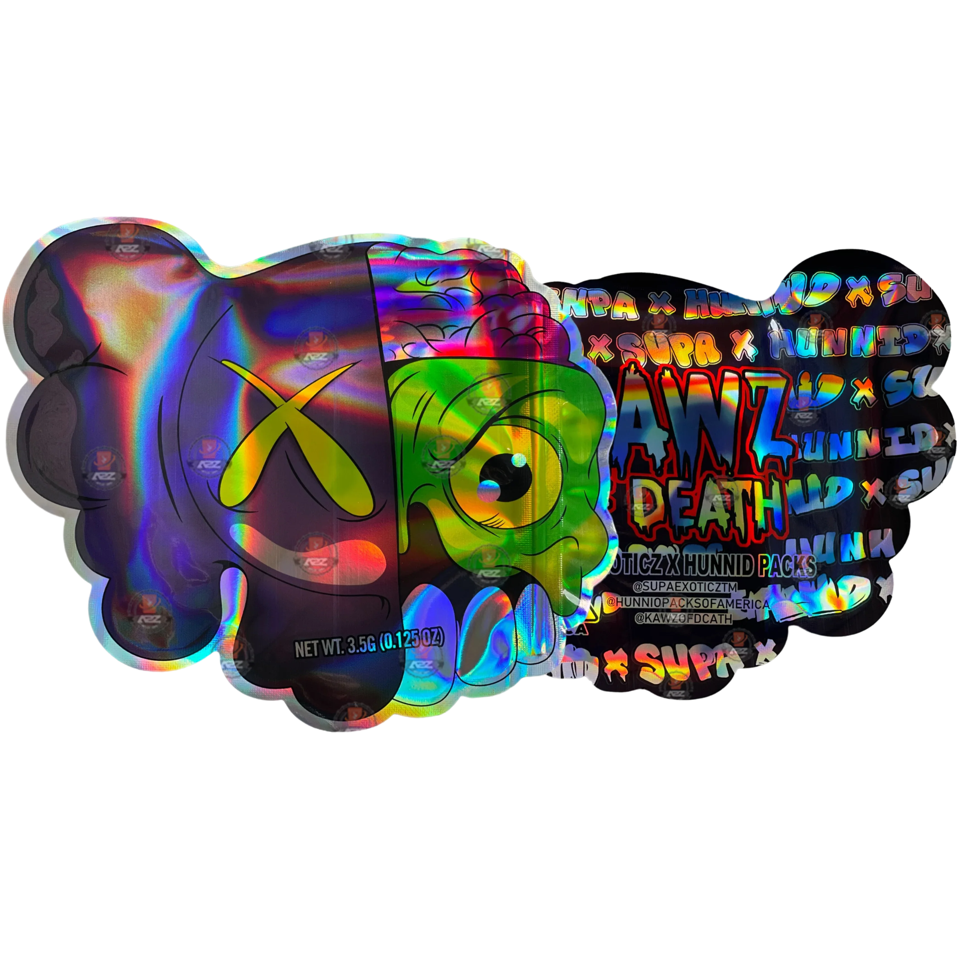 Kawz Of Death 3.5g Mylar Bag Cut Out-Holographic Supa Exoticz X Hunnid Packs 