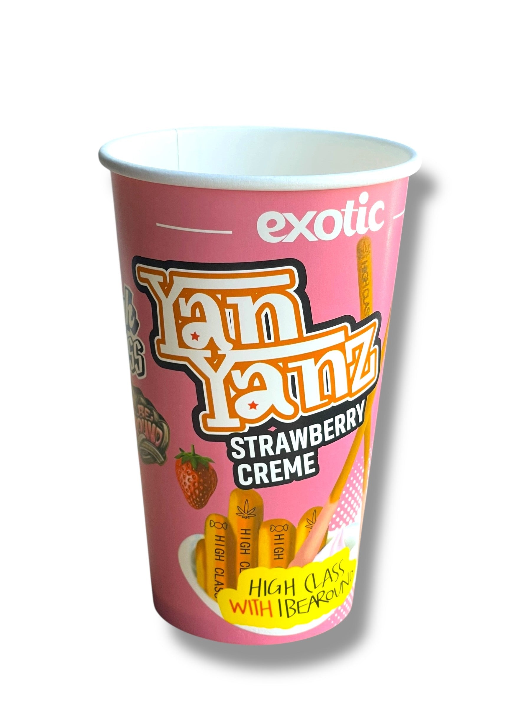 Pink cup with 'Fan Fanz Strawberry Creme' branding on a white background