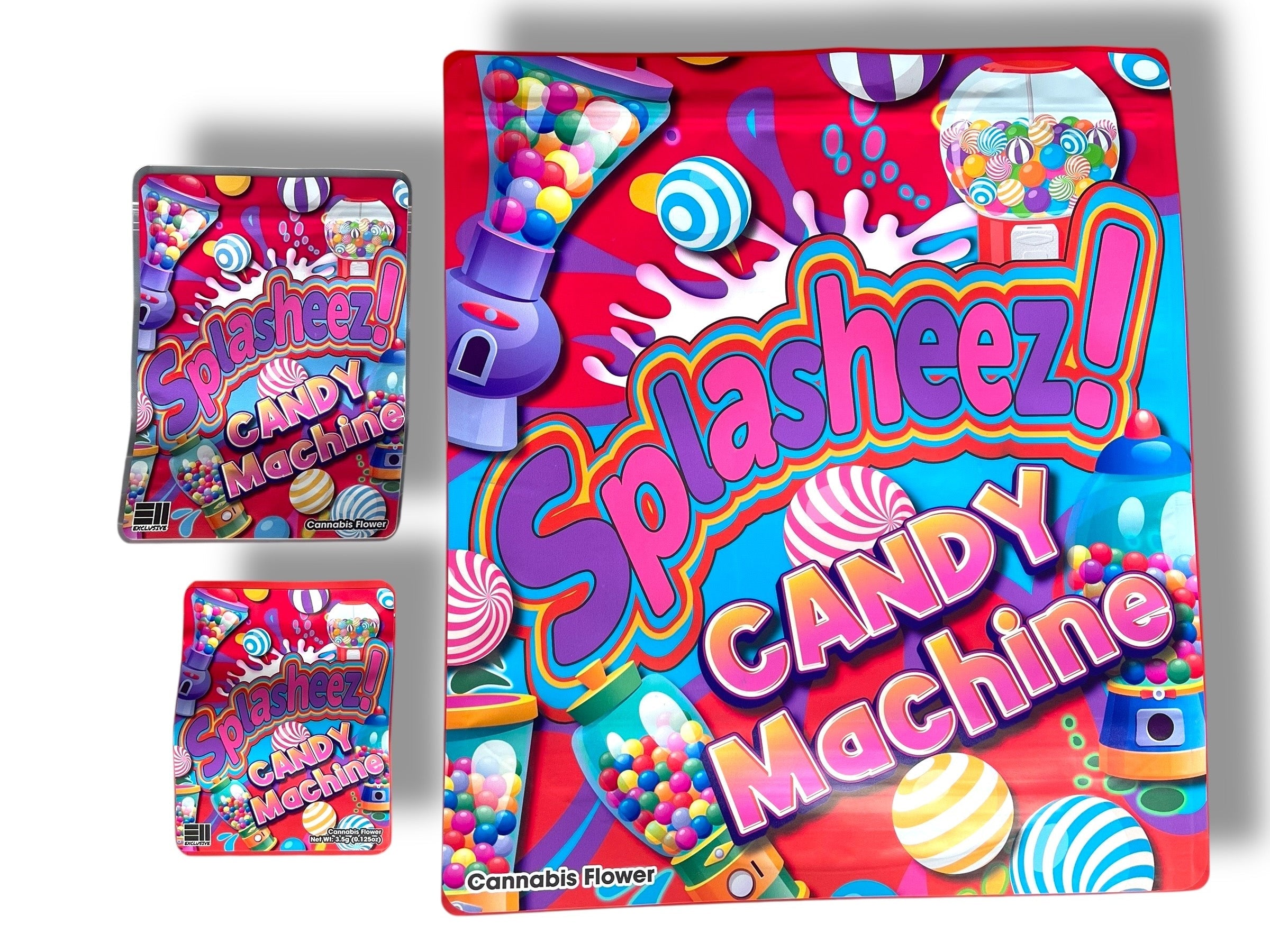 Splasheez Candy Machine Combo Sticker Mylar Bags | Stand-Up 16oz, 1oz & 3.5g