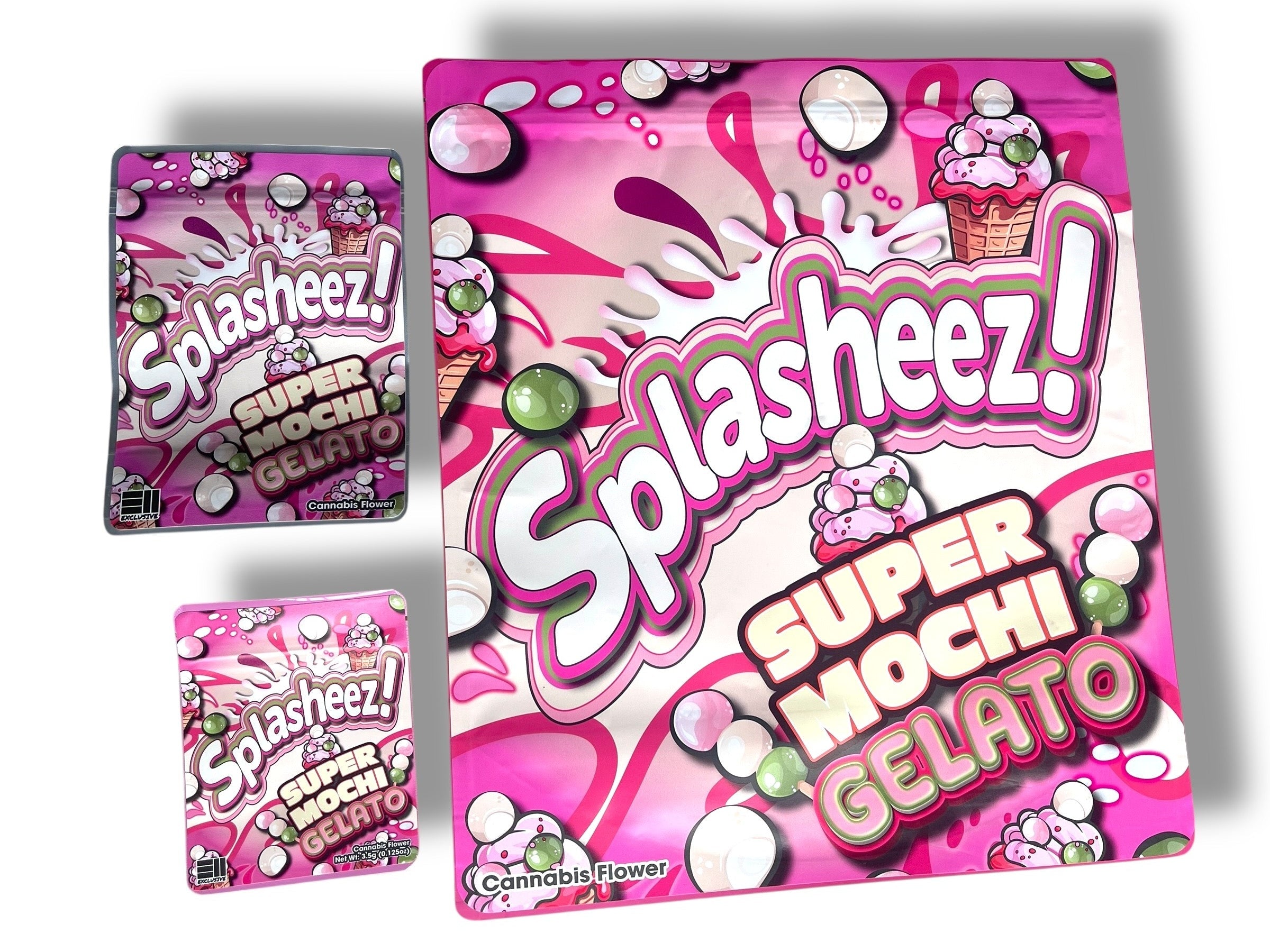 Splasheez Super Mochi Gelato Combo Sticker Mylar Bags | Stand-Up 16oz, 1oz & 3.5g