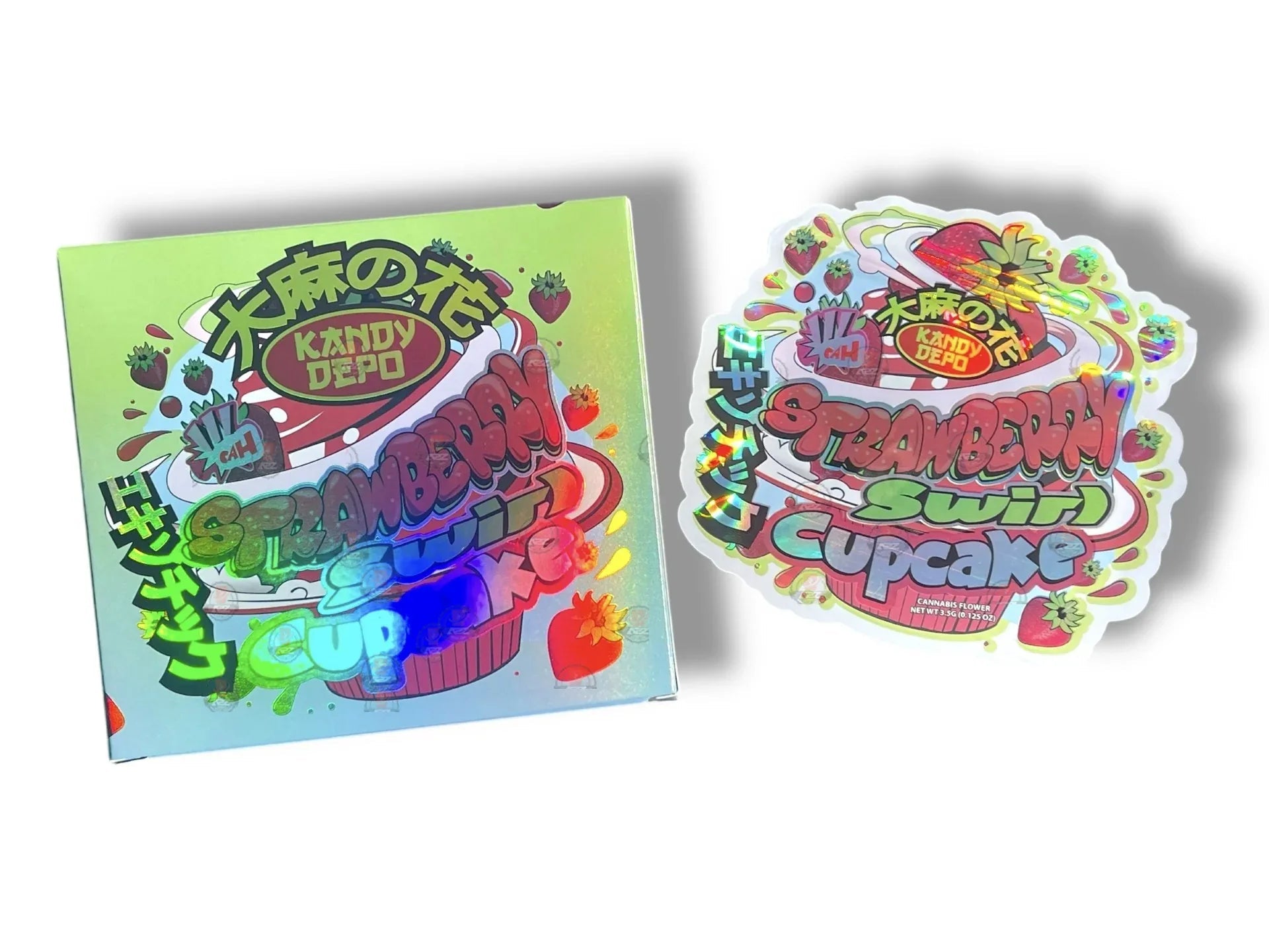 Kandy Depo Strawberry Swirl Cupcake Mylar Bags with Boxes 3.5g Box Packaging Holographic - Black Unicorn Hub