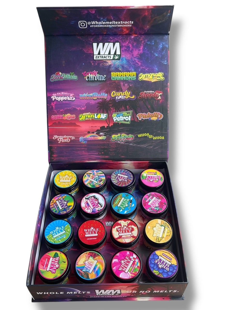 Whole Melt Exotics 1oz Glass Jars - Varity Pack 16 Strains in box Empty Jars