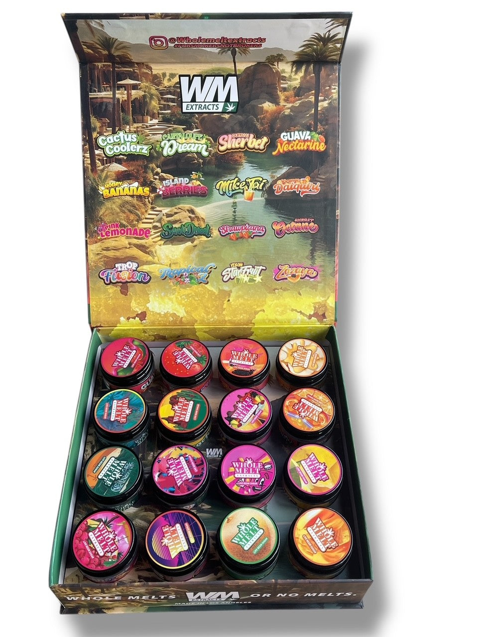 Whole Melt Oasis Edition 1oz Glass Jars - Varity Pack 16 Strains in box Empty Jars