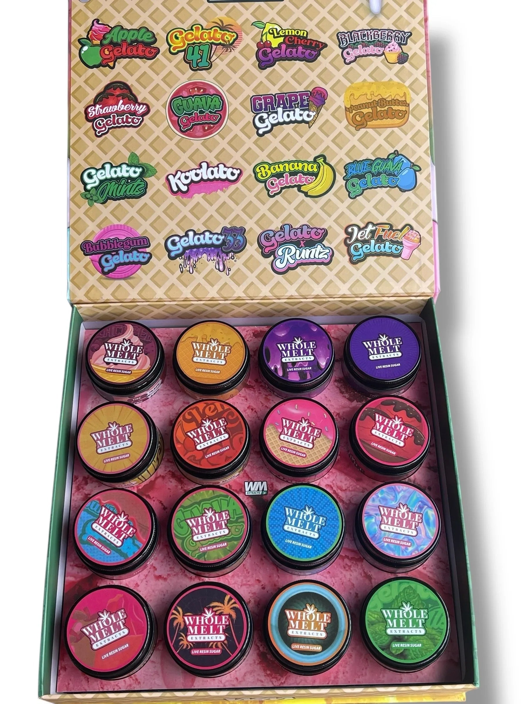 Whole Melt Gelato 1oz Glass Jars - Varity Pack 16 Strains in box Empty Jars - Black Unicorn Hub