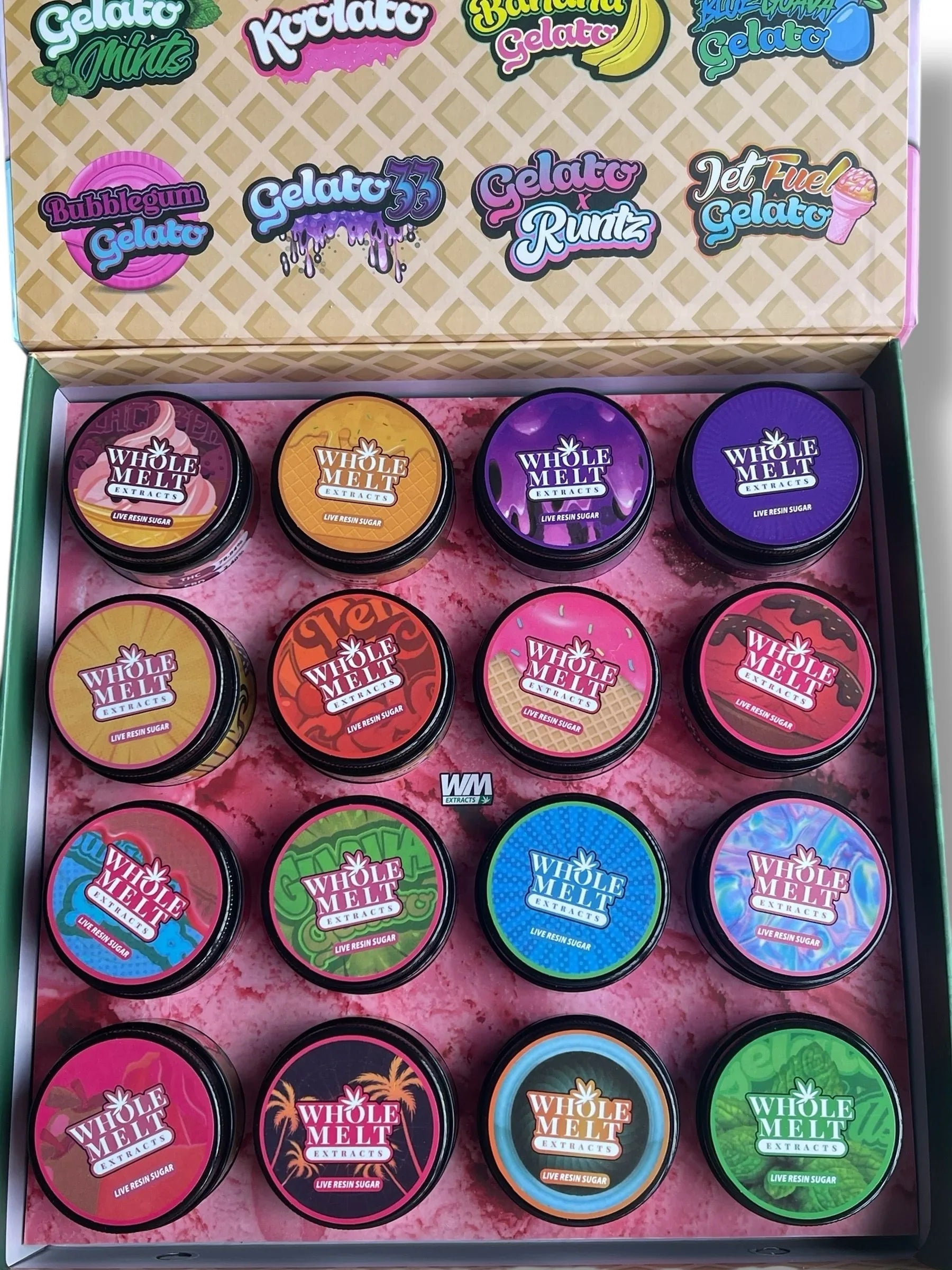 Whole Melt Gelato 1oz Glass Jars - Varity Pack 16 Strains in box Empty Jars - Black Unicorn Hub