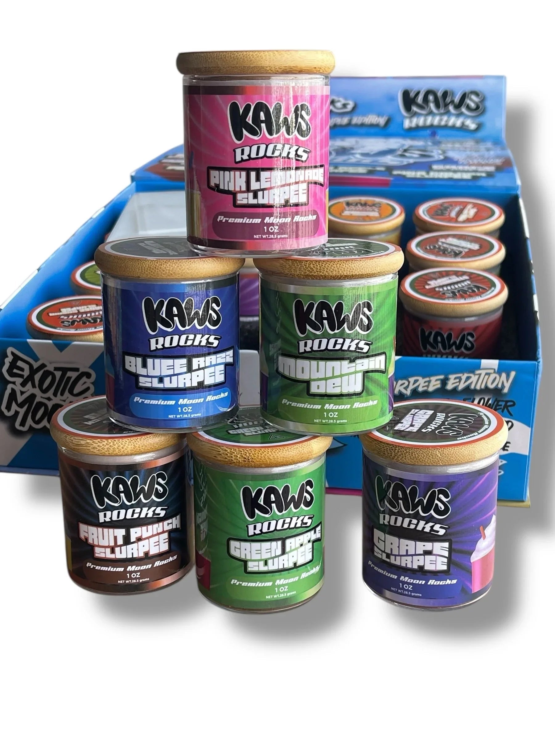 Kawz Exotic Slurpee Edition Moon Rocks 1oz Glass Jars - Varity Pack 16 Strains in box Empty Jars - Black Unicorn Hub