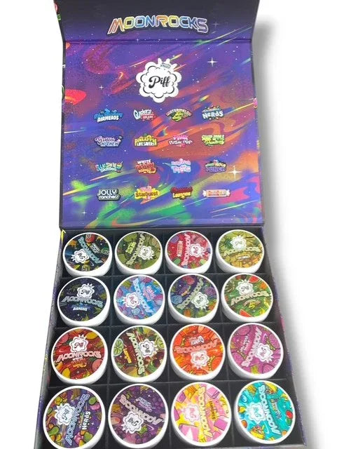 Piff Moonrocks Berry POP Edition 1oz Plastic Jars - Varity Pack 16 Strains in box Empty Jars - Black Unicorn Hub
