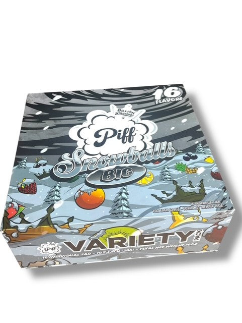 Piff Snowballs Big 16-1oz Plastic Jars - Varity Pack 16 Flavors in box 1 pound with outer box Empty plastic Jars