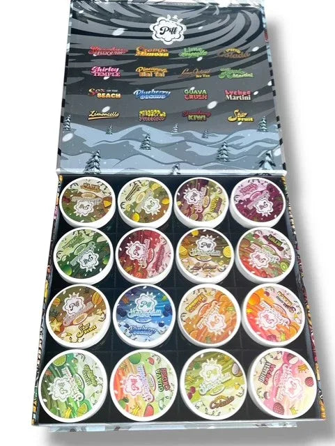 Piff Snowballs Big 16-1oz Plastic Jars - Varity Pack 16 Flavors in box 1 pound with outer box Empty plastic Jars - Black Unicorn Hub