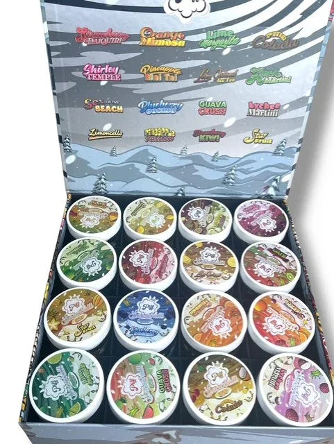 Piff Snowballs Big 16-1oz Plastic Jars - Varity Pack 16 Flavors in box 1 pound with outer box Empty plastic Jars - Black Unicorn Hub