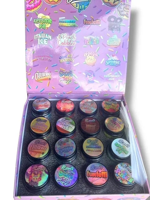 Donuts 1oz Glass Jars - Varity Pack 16 Strains in box Empty Jars - Black Unicorn Hub