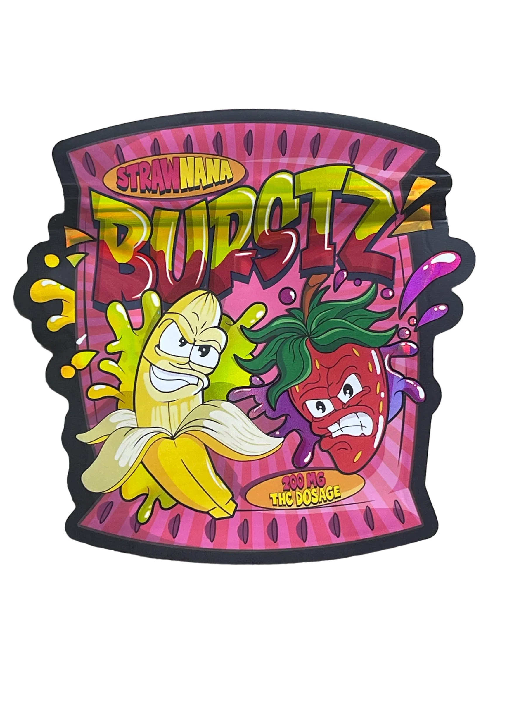 Strawnana Burstz 200 MG Mylar Edible Bag Holographic - Strawberry and Banana Burst- Packaging Only - Black Unicorn Hub