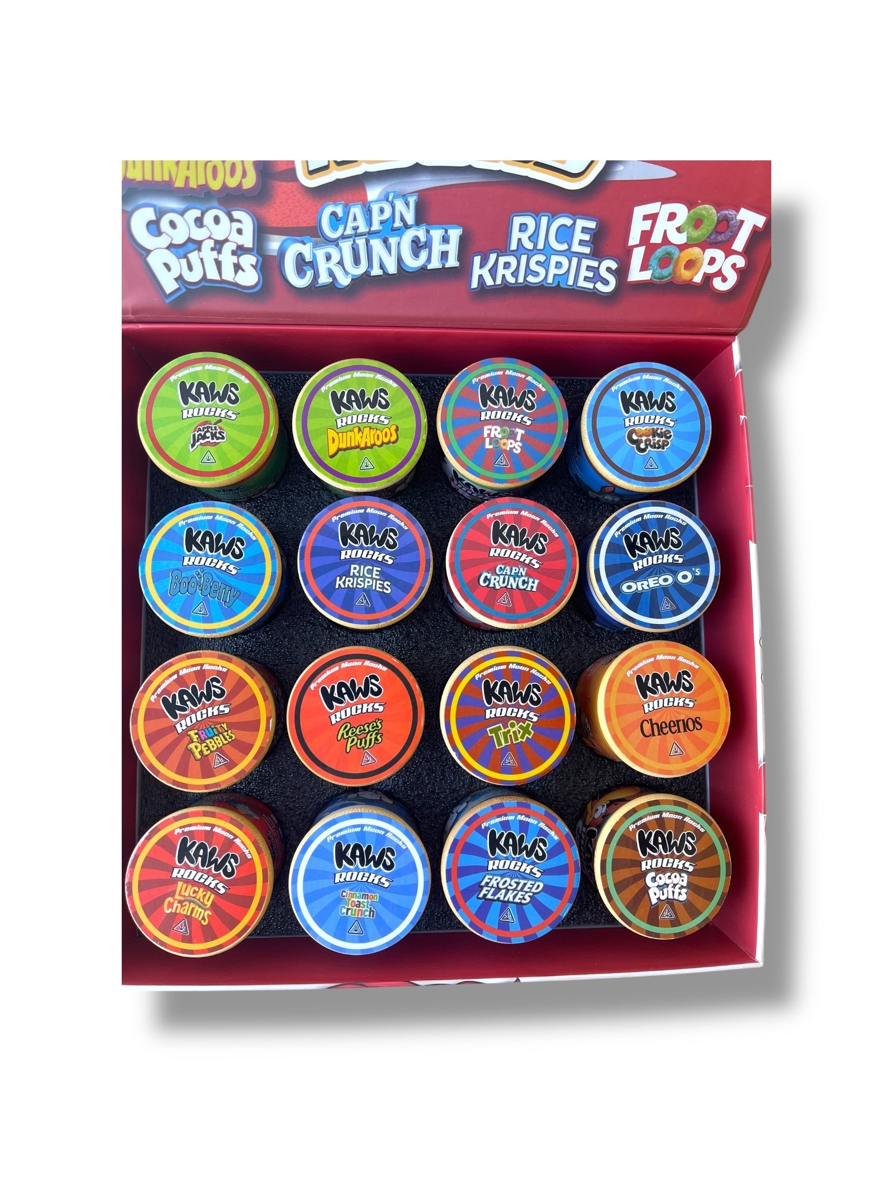 Kawz Moon Rocks Cereal Edition 1oz Glass Jars - Varity Pack 16 Strains in box Empty Jars