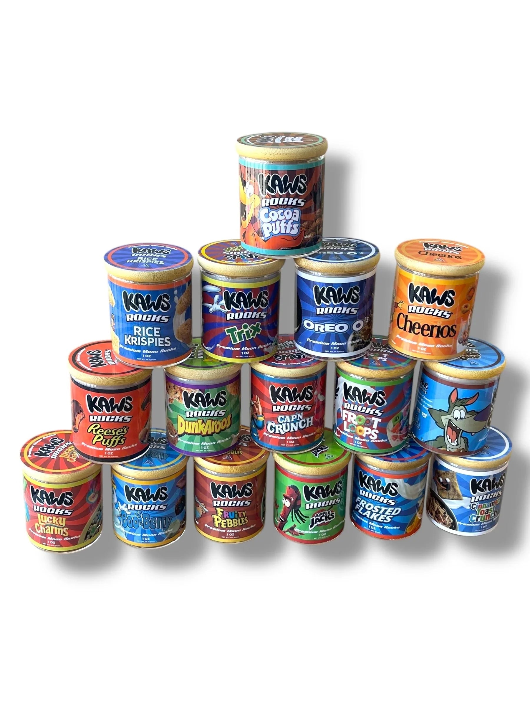 Kawz Moon Rocks Cereal Edition 1oz Glass Jars - Varity Pack 16 Strains in box Empty Jars - Black Unicorn Hub