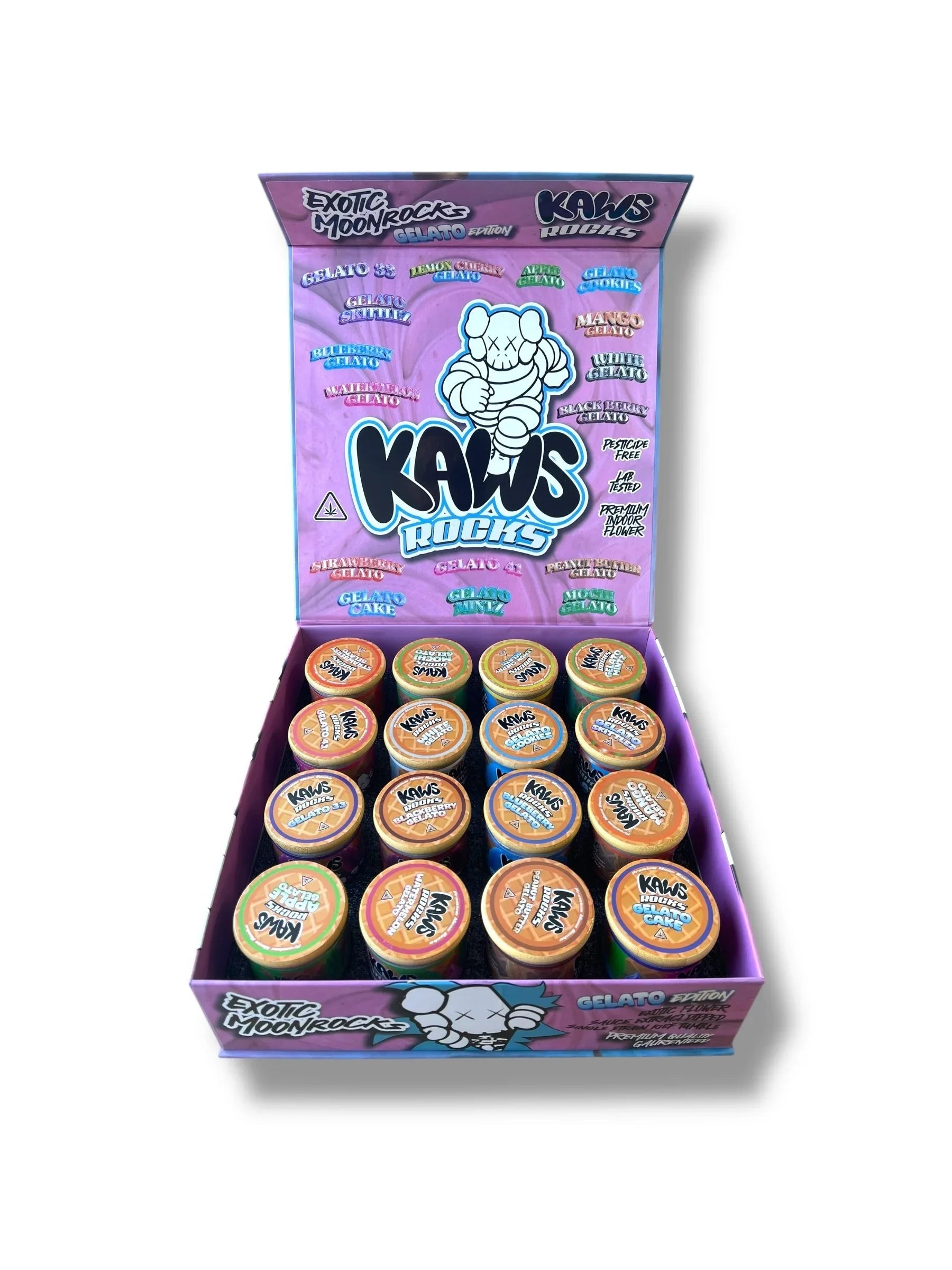 Kawz Moon Rocks Gelato Edition 1oz Glass Jars - Varity Pack 16 Strains in box Empty Jars - Black Unicorn Hub
