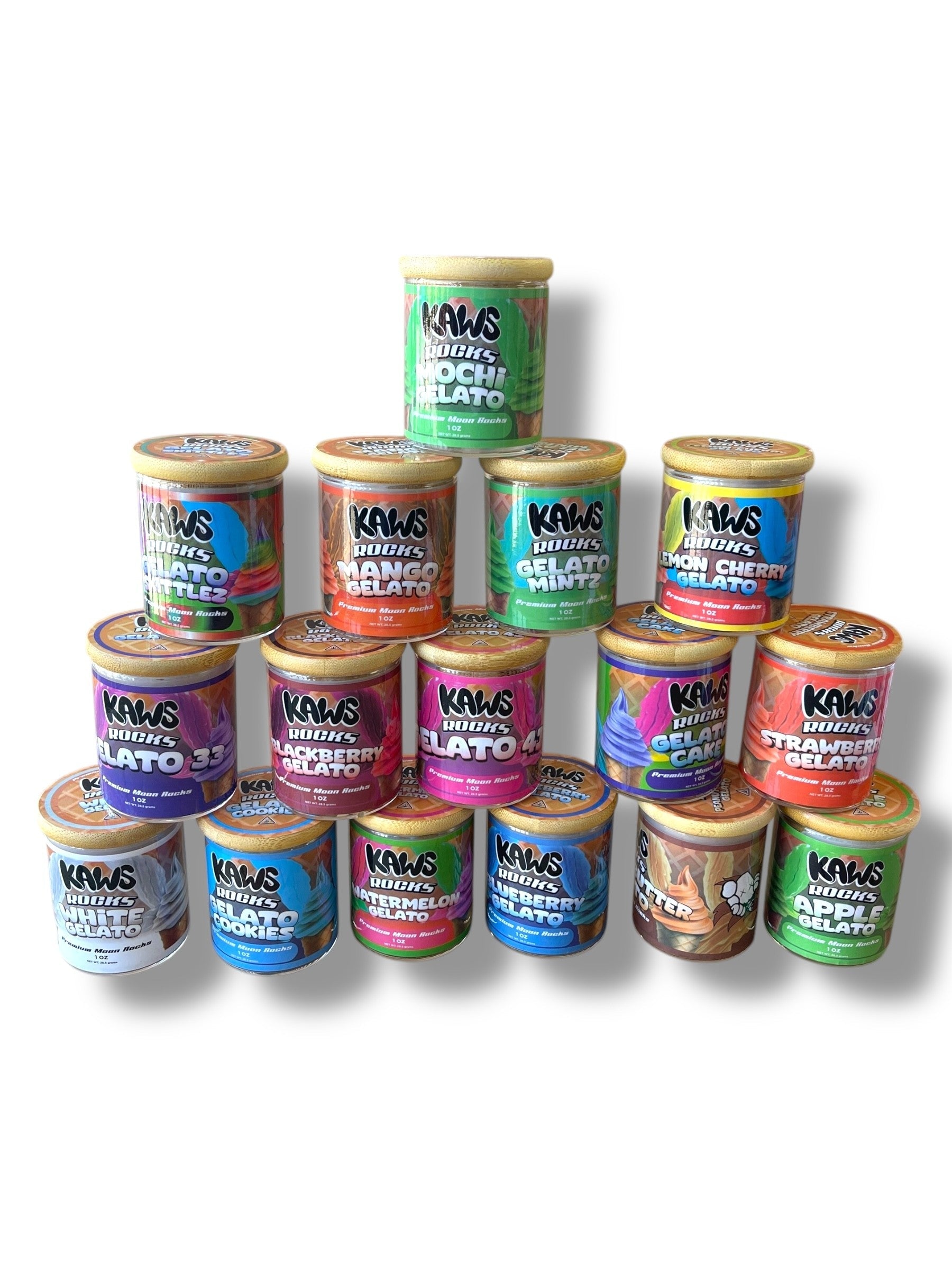 Kawz Moon Rocks Gelato Edition 1oz Glass Jars - Varity Pack 16 Strains in box Empty Jars