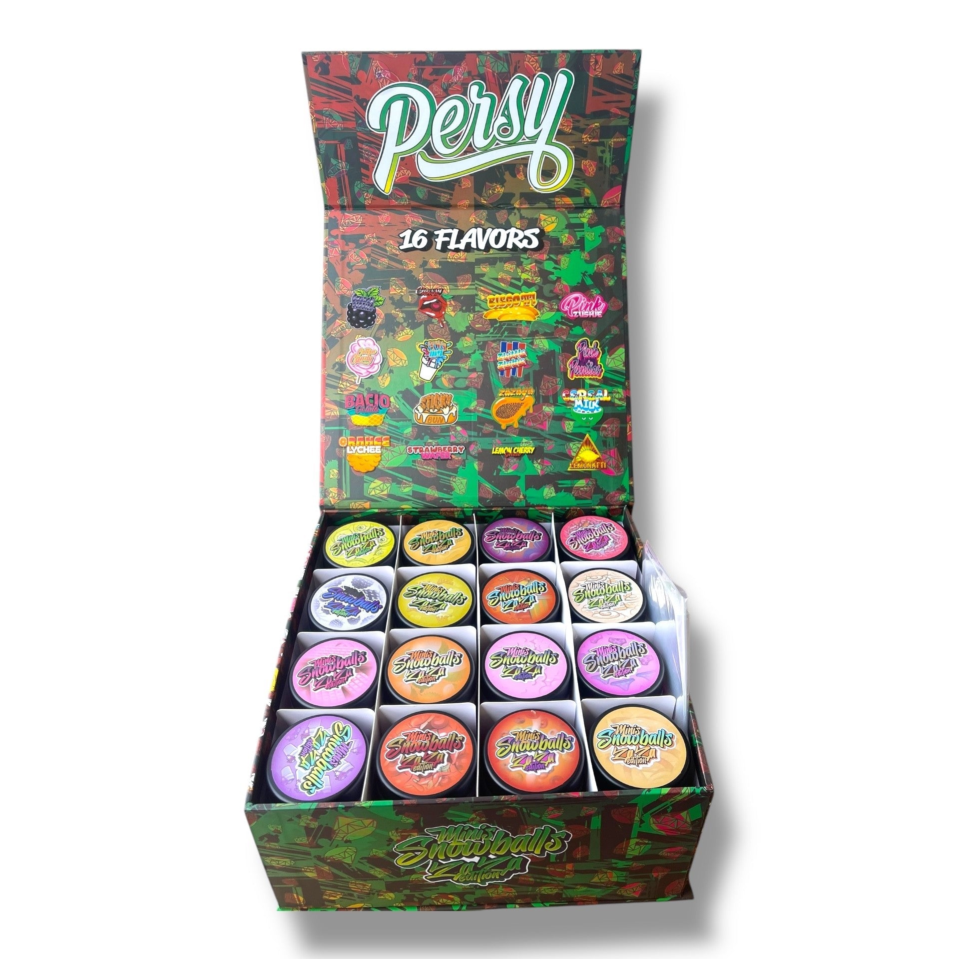 Persy Mini Snowballs Zaza Edition 16-1oz Glass Jars - Varity Pack 16 Flavors in box 1 pound empty jars