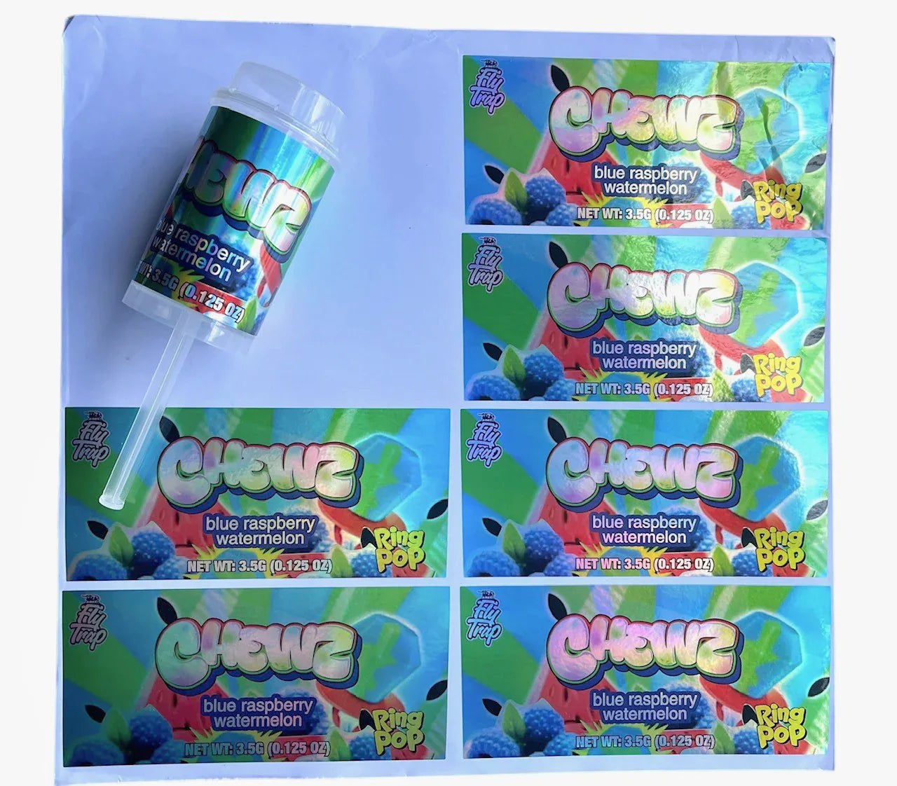 Push Pop Chewz Blue Raspberry Watermelon 3.5g Container Holographic sticker Ring Pop - Black Unicorn Hub