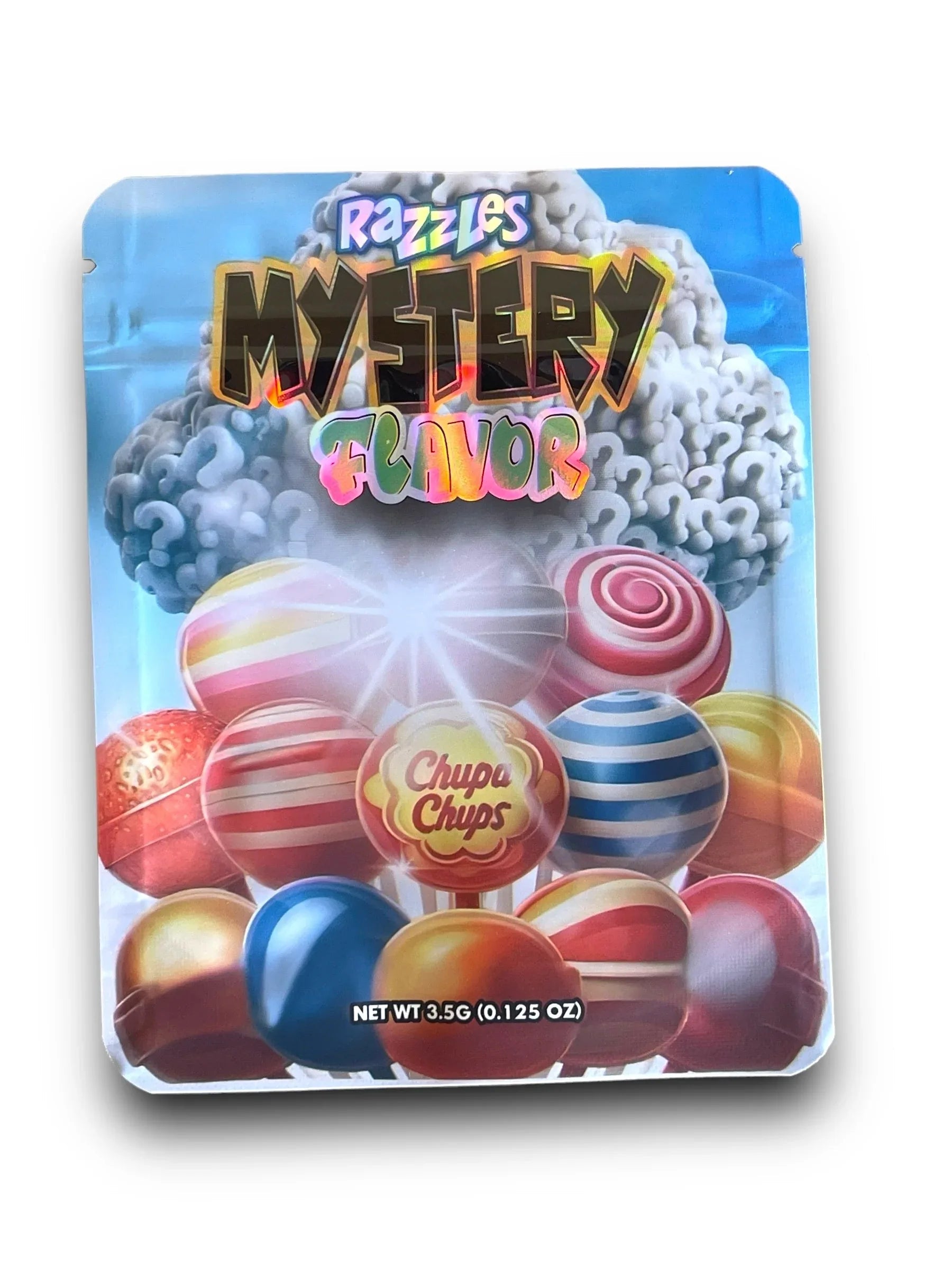 Razzles Mystery Flavor Chupa Chups 3.5G Mylar Bags Holographic Mylar Packaging - Black Unicorn Hub