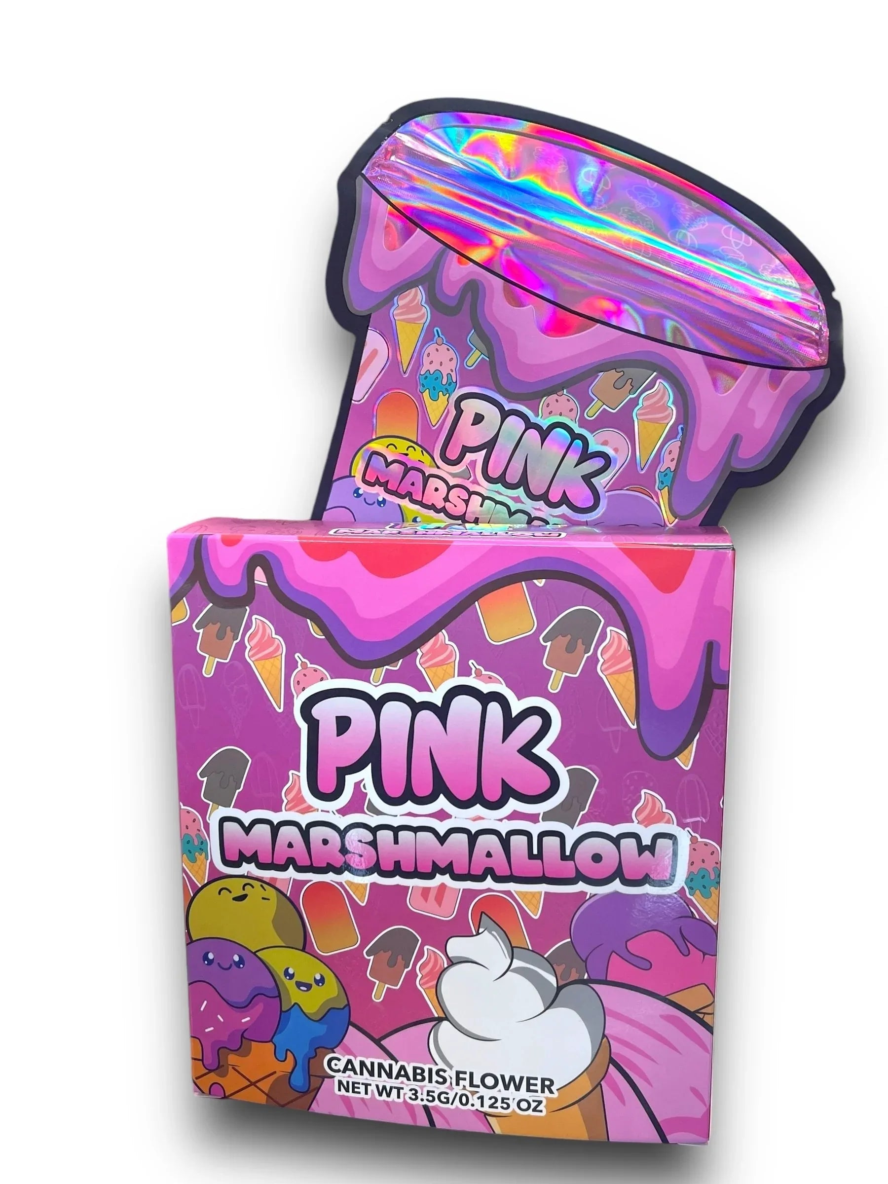 Pink Marshmallow Mylar Bags with Boxes 3.5g Box Packaging Holographic - Black Unicorn Hub