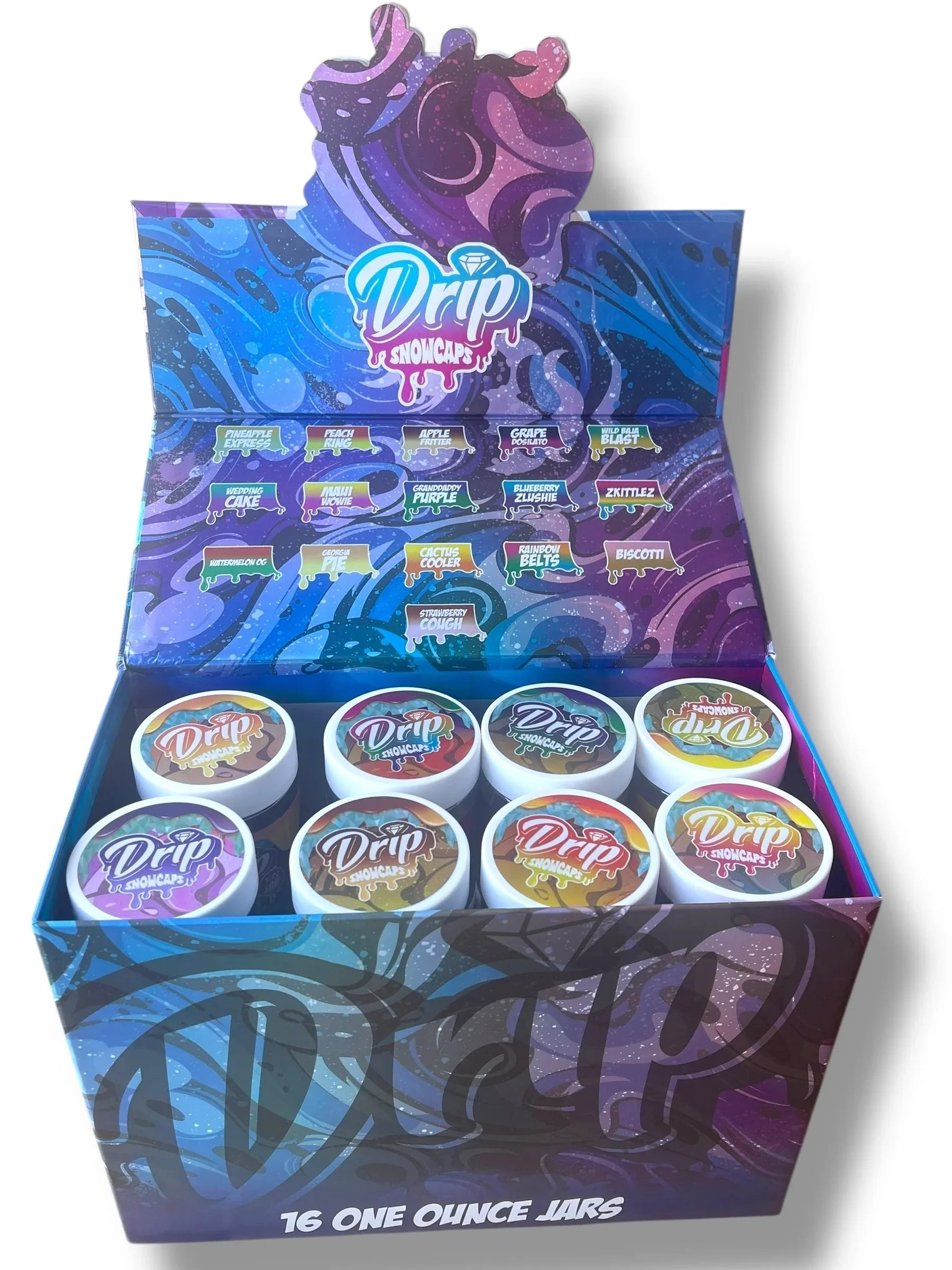 Drip Snowcaps 16-1oz Plastic Jars - Varity Pack 16 Flavors in box 1 pound with outer box Empty Jars - Black Unicorn Hub