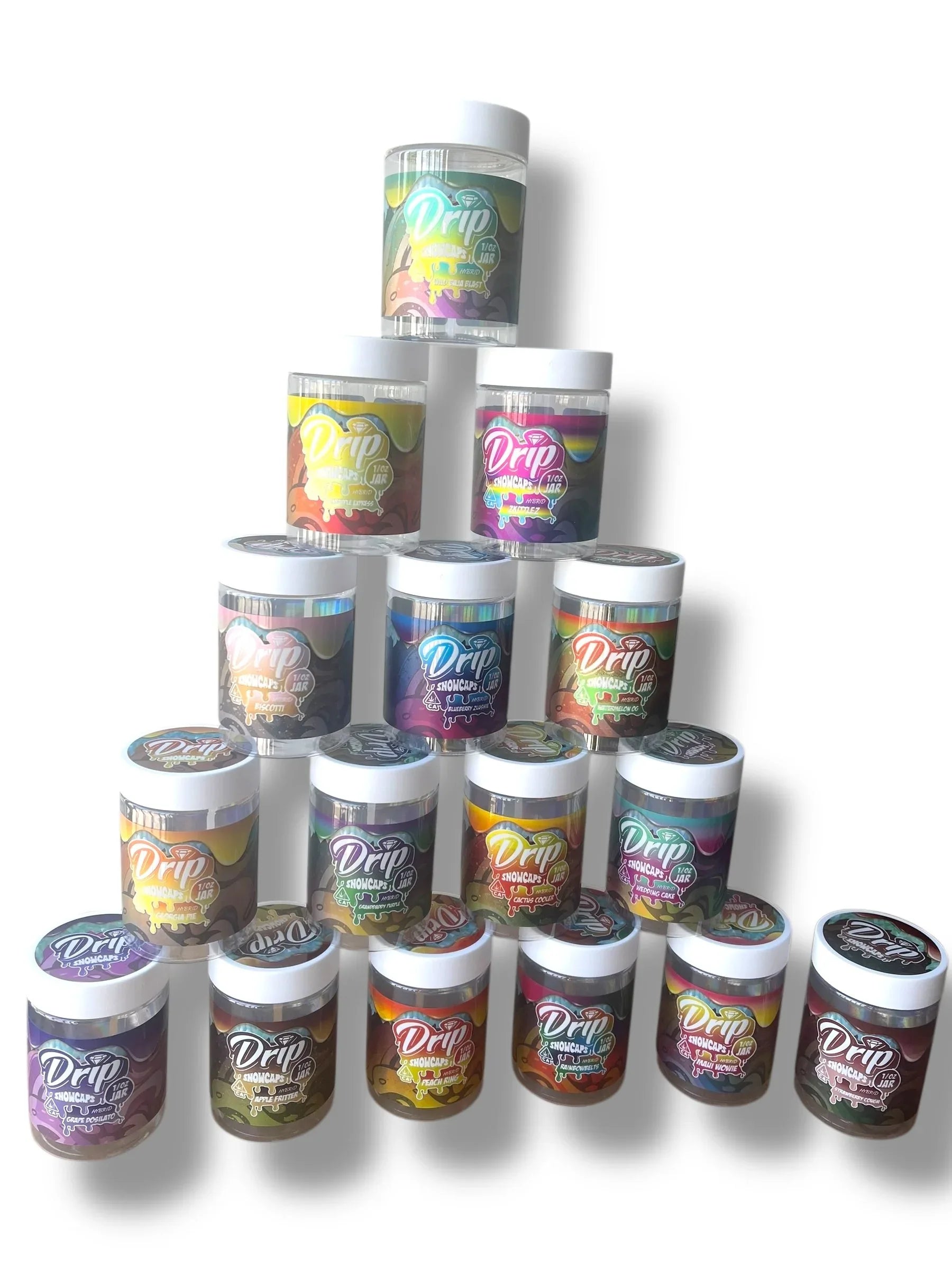 Drip Snowcaps 16-1oz Plastic Jars - Varity Pack 16 Flavors in box 1 pound with outer box Empty Jars - Black Unicorn Hub