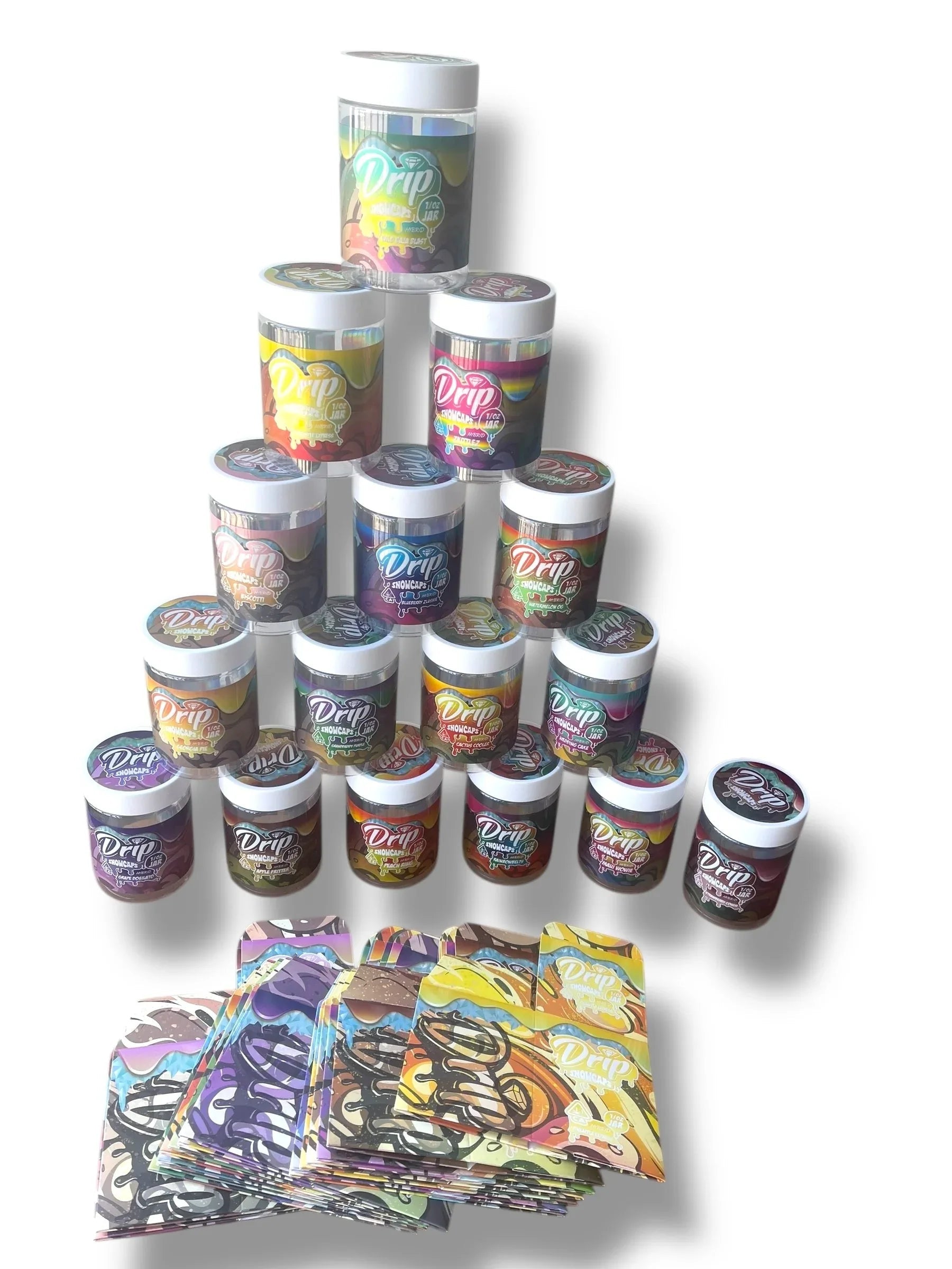 Drip Snowcaps 16-1oz Plastic Jars - Varity Pack 16 Flavors in box 1 pound with outer box Empty Jars - Black Unicorn Hub