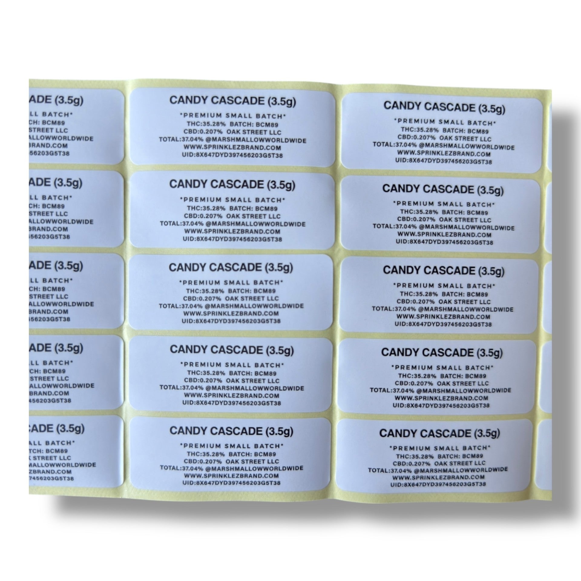 Sprinklez Candy Cascade 3.5G Mylar Bags -With stickers and label