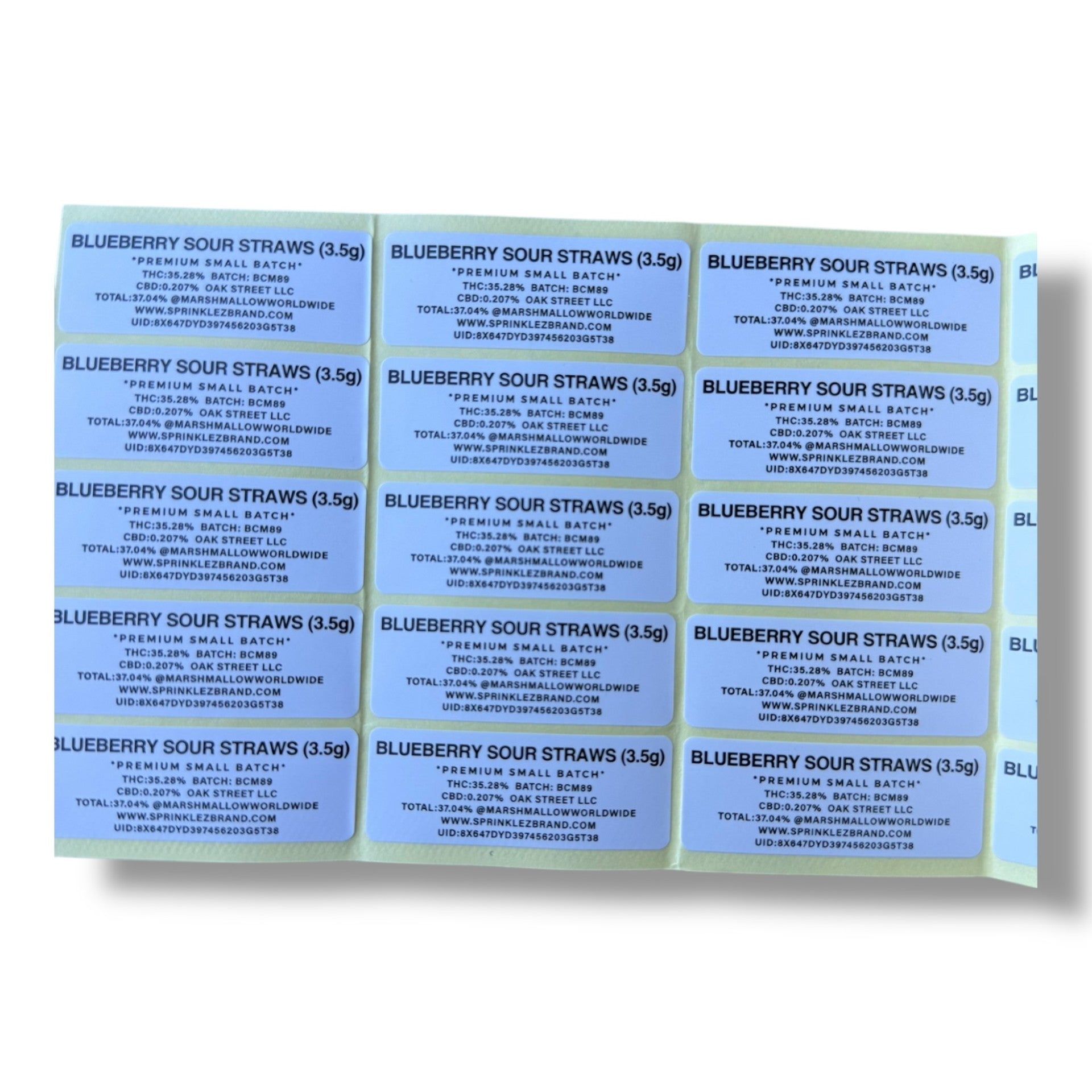 Sprinklez Blueberry Sour Straws 3.5G Mylar Bags -With stickers and label