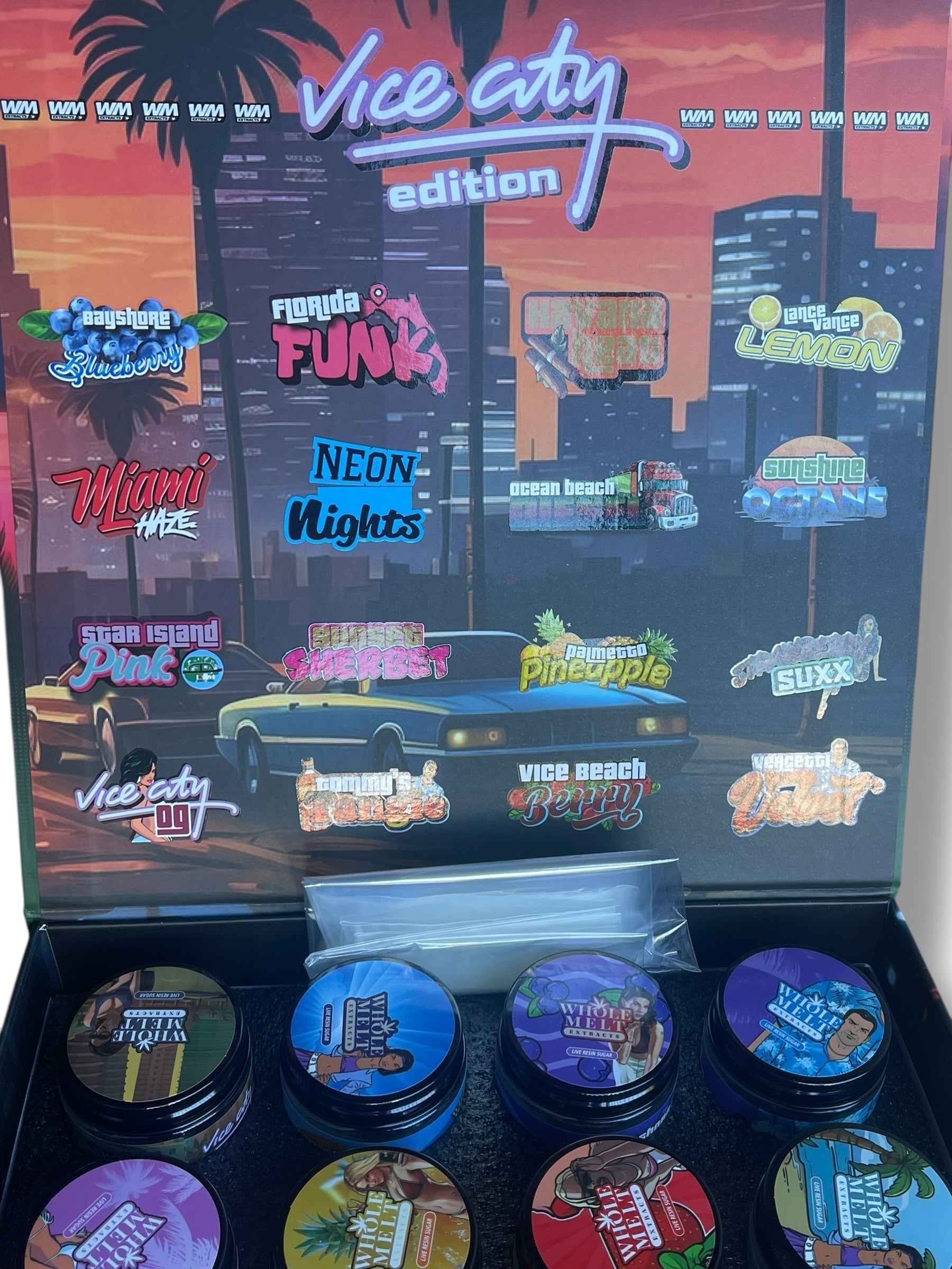 Whole Melt Vice City Edition 1oz Glass Jars - Varity Pack 16 Strains in box Empty Jars
