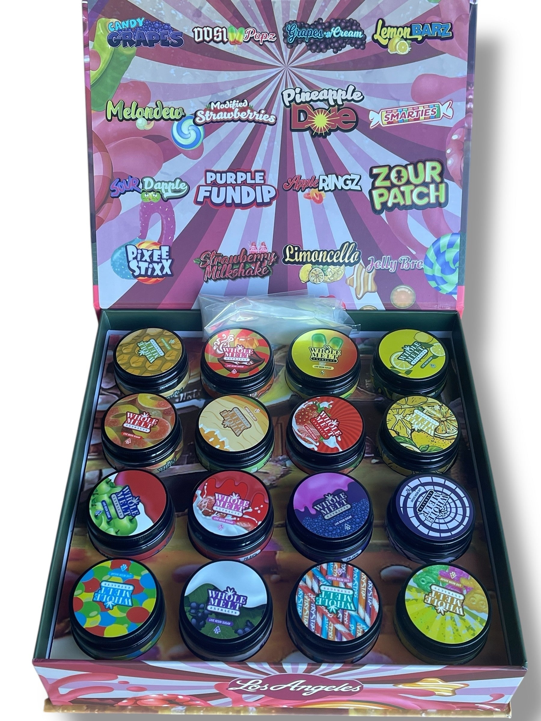 Whole Melt Candy Edition 1oz Glass Jars - Varity Pack 16 Strains in box Empty Jars