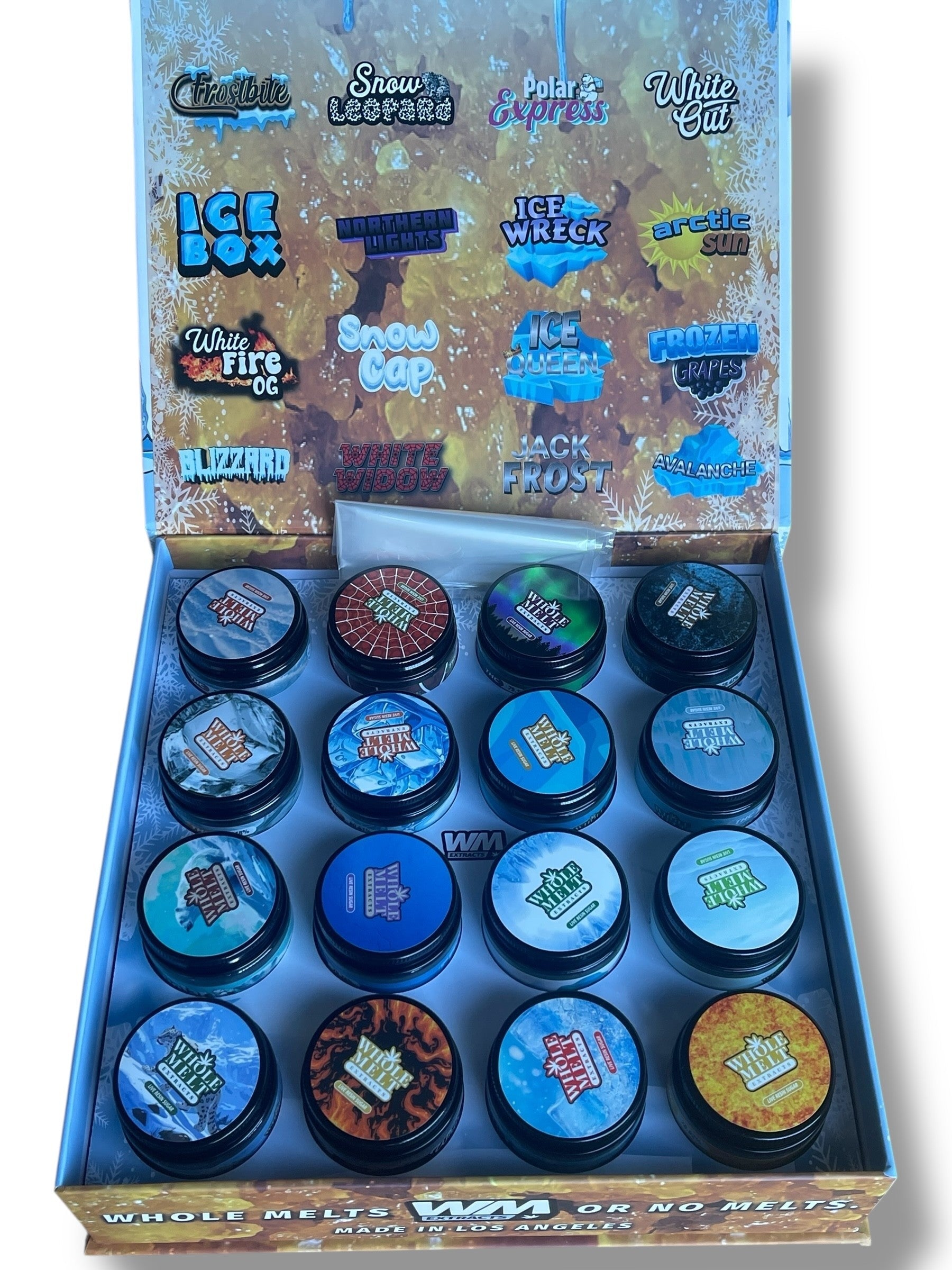 Whole Melt Winter Edition 1oz Glass Jars - Varity Pack 16 Strains in box Empty Jars