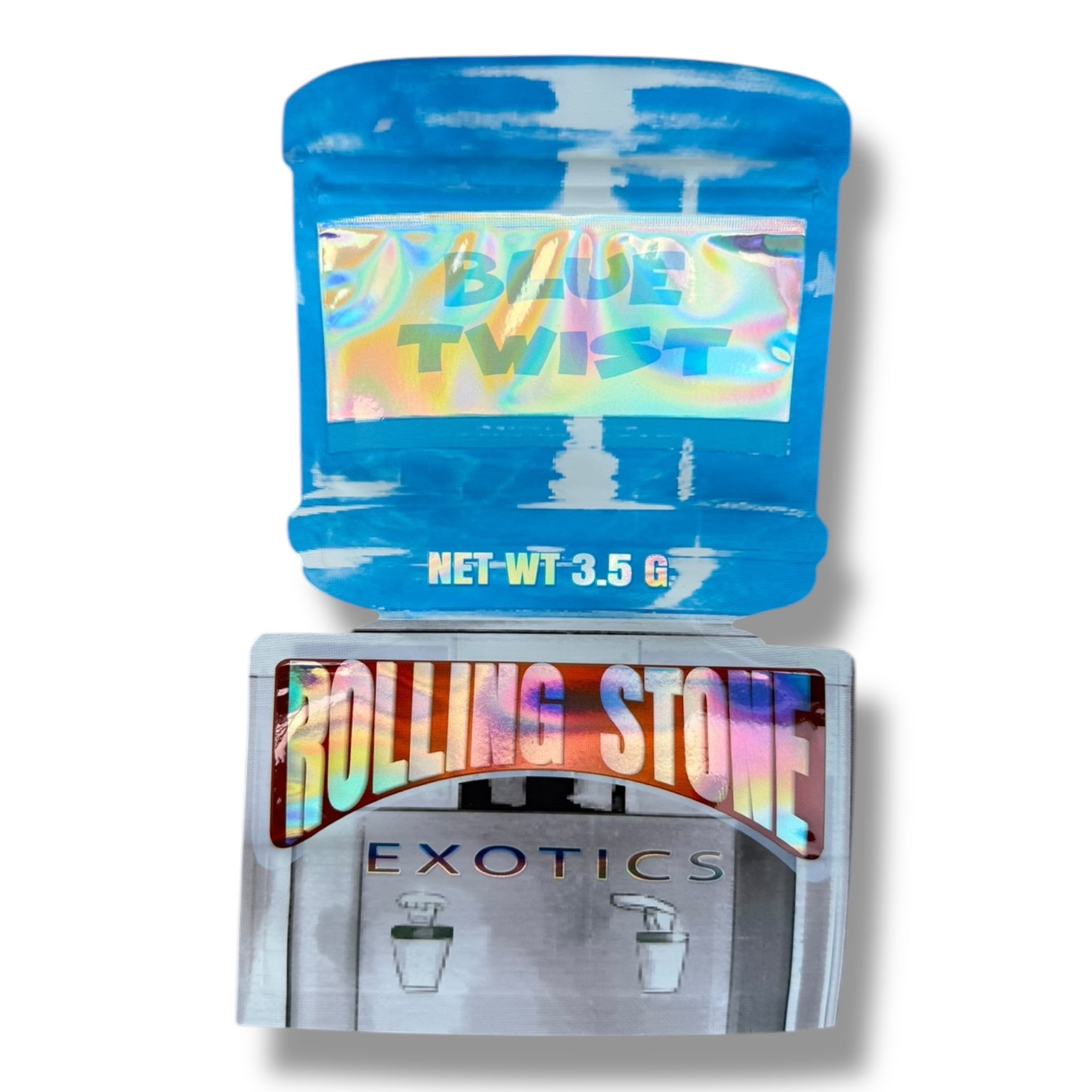 Blue Twist Rolling Stone Exotics Mylar Bag 3.5g shape bag