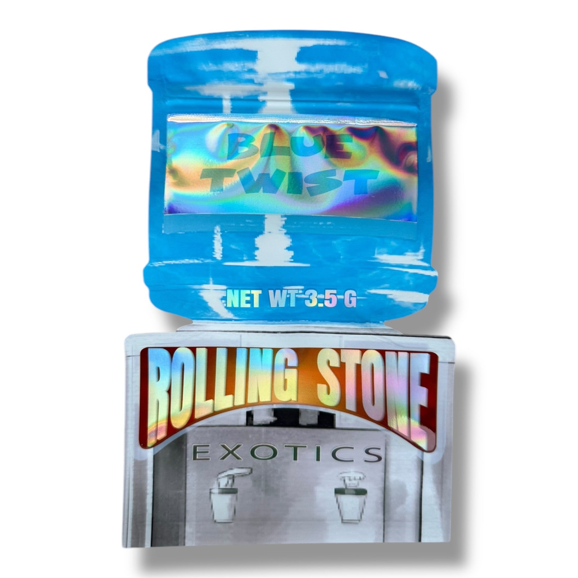 Blue Twist Rolling Stone Exotics Mylar Bag 3.5g shape bag