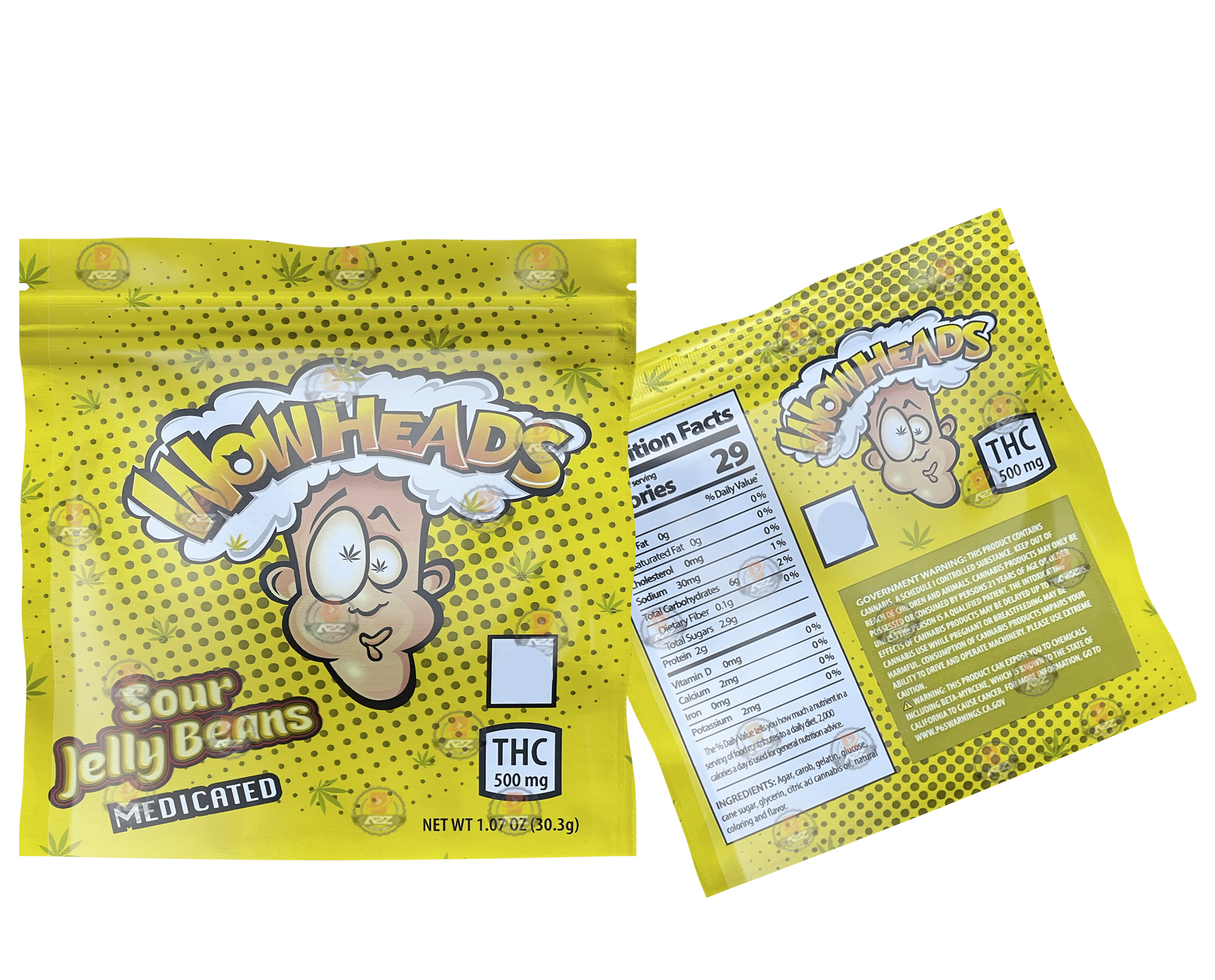 Wow Heads Sour Jelly Beans  500mg Mylar bags packaging only